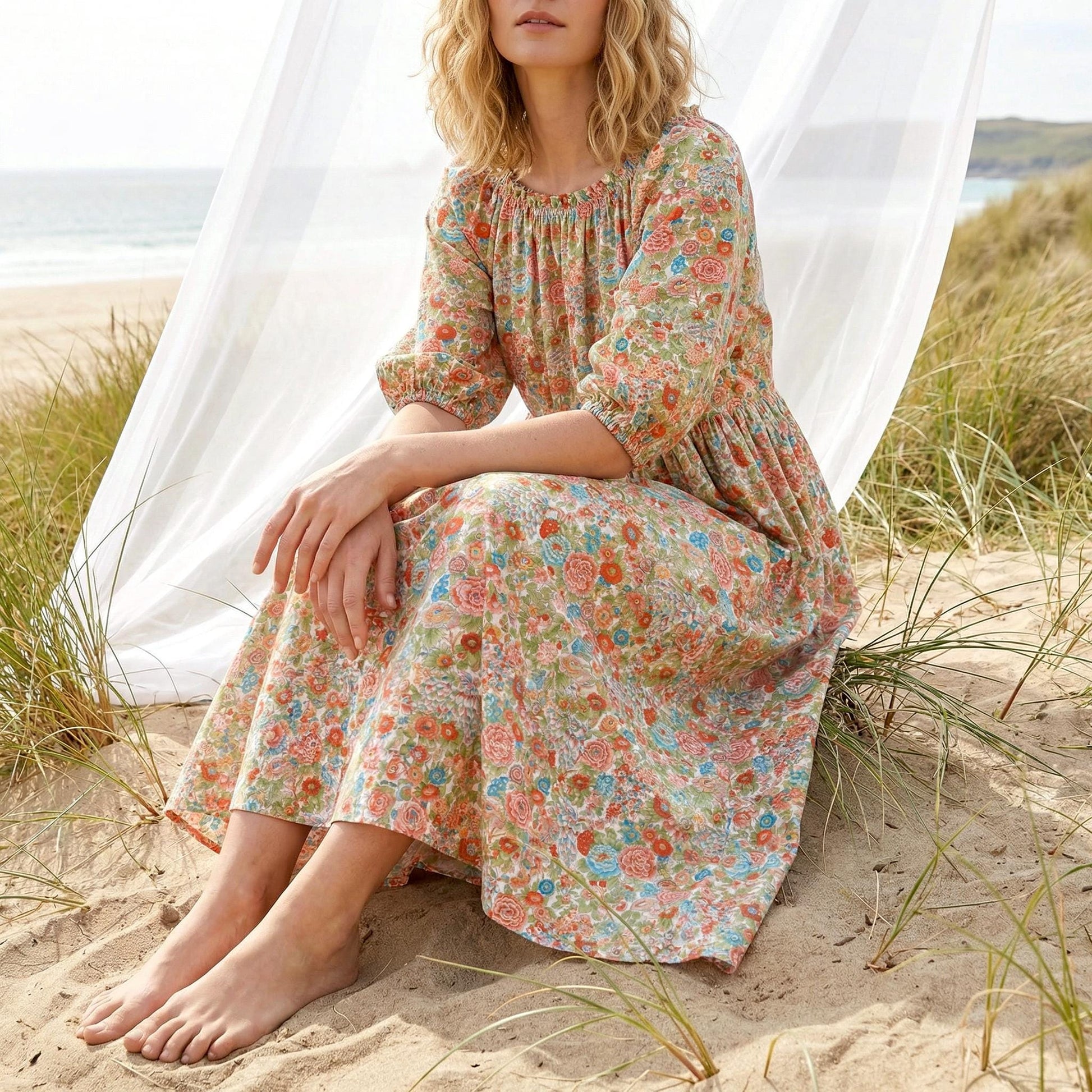 Liberty London Smock Three-quarter Bishop Sleeves Boho Dress, Handmade Personalised Botanical Clothing, Sustainable Womenswear