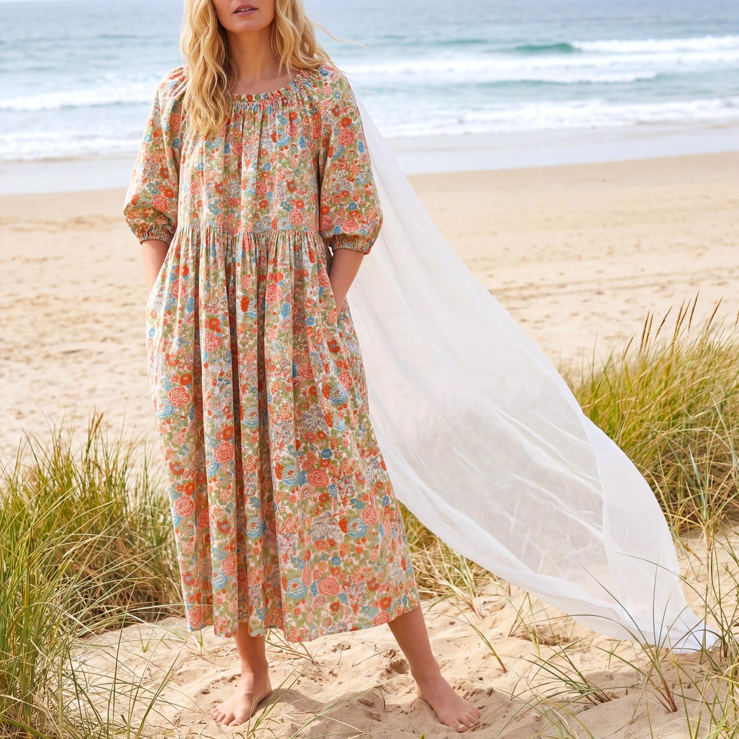 Liberty London Smock Three-quarter Bishop Sleeves Boho Dress, Handmade Personalised Botanical Clothing, Sustainable Womenswear