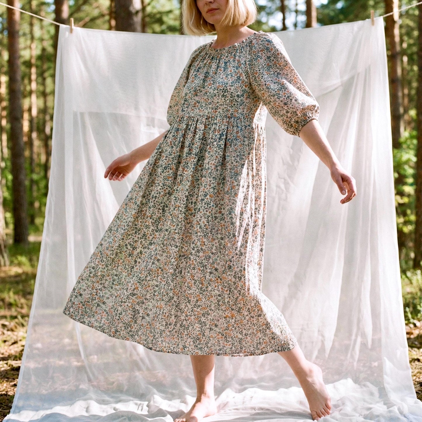 Liberty London Smock Three-quarter Bishop Sleeves Boho Dress, Handmade Personalised Botanical Clothing, Sustainable Womenswear