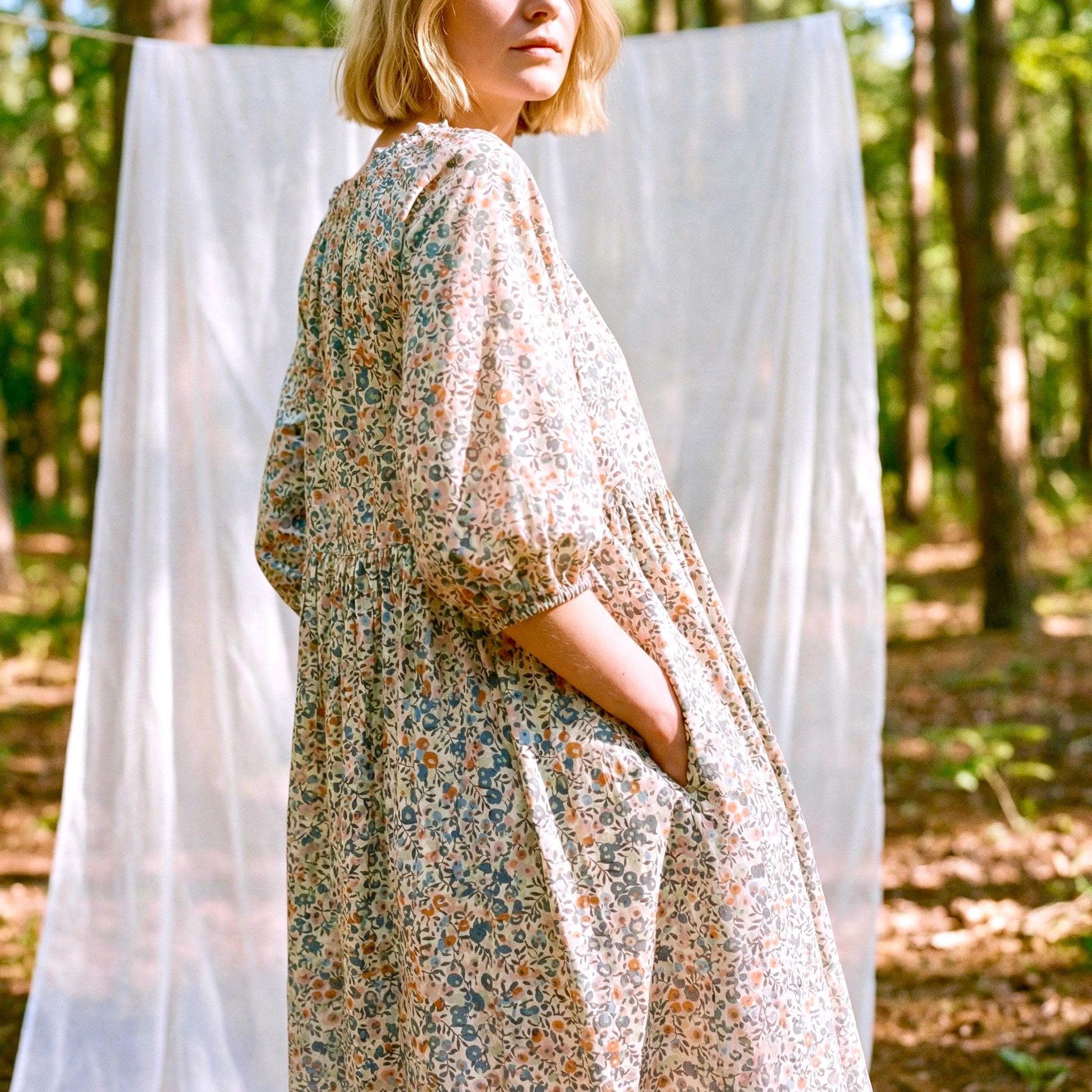 Liberty London Smock Three-quarter Bishop Sleeves Boho Dress, Handmade Personalised Botanical Clothing, Sustainable Womenswear