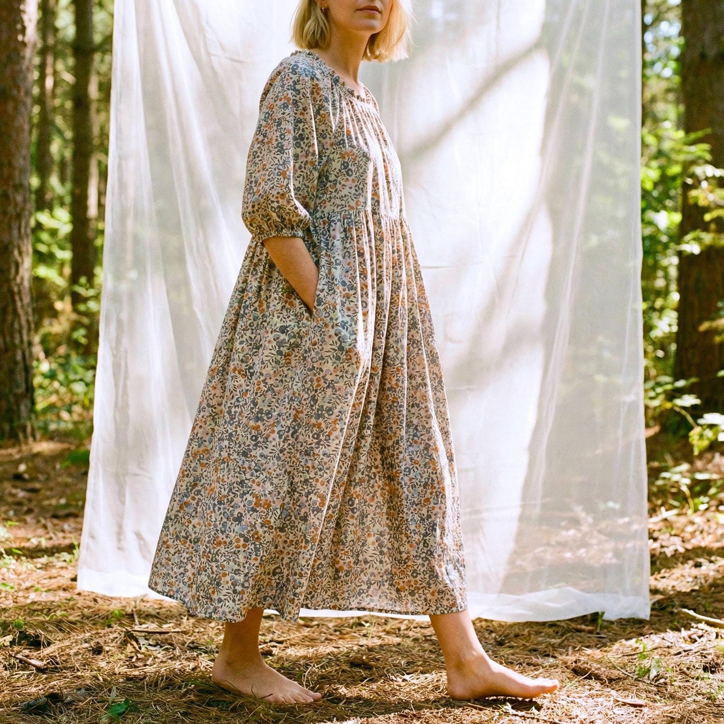 Liberty London Smock Three-quarter Bishop Sleeves Boho Dress, Handmade Personalised Botanical Clothing, Sustainable Womenswear