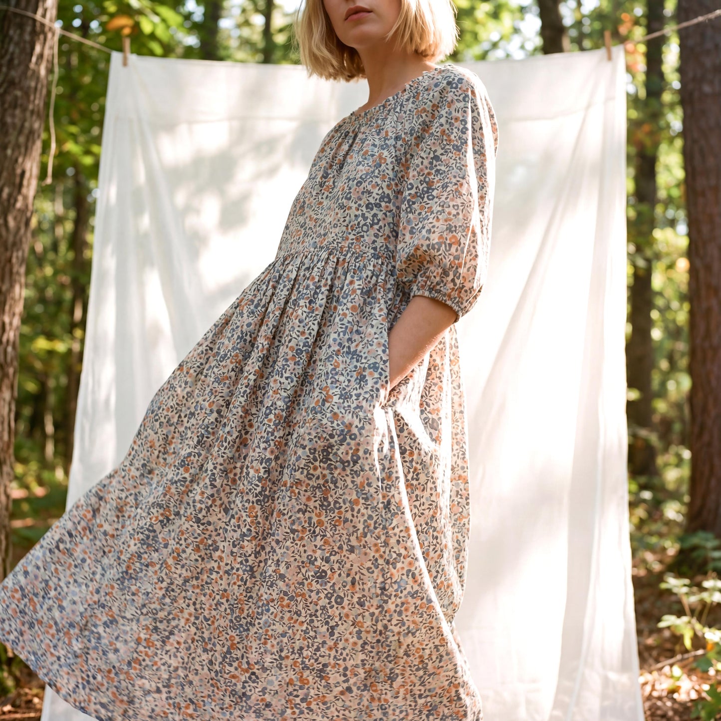 Liberty London Smock Three-quarter Bishop Sleeves Boho Dress, Handmade Personalised Botanical Clothing, Sustainable Womenswear