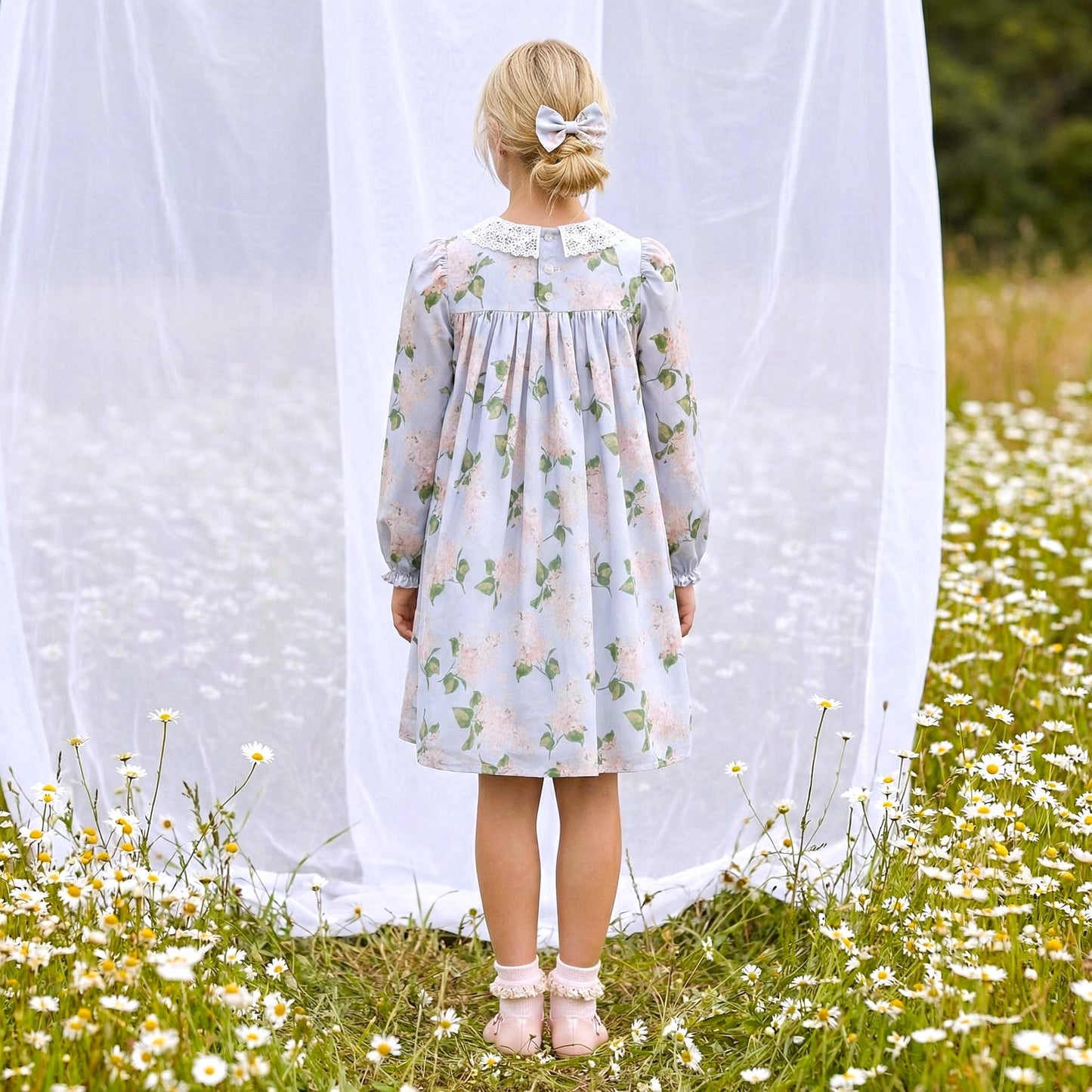 Liberty London Smock Dress, Floral-Print Peter-Pan Collared Handmade Children-wear, Sustainable Cotton Clothing, Long-sleeved Dress