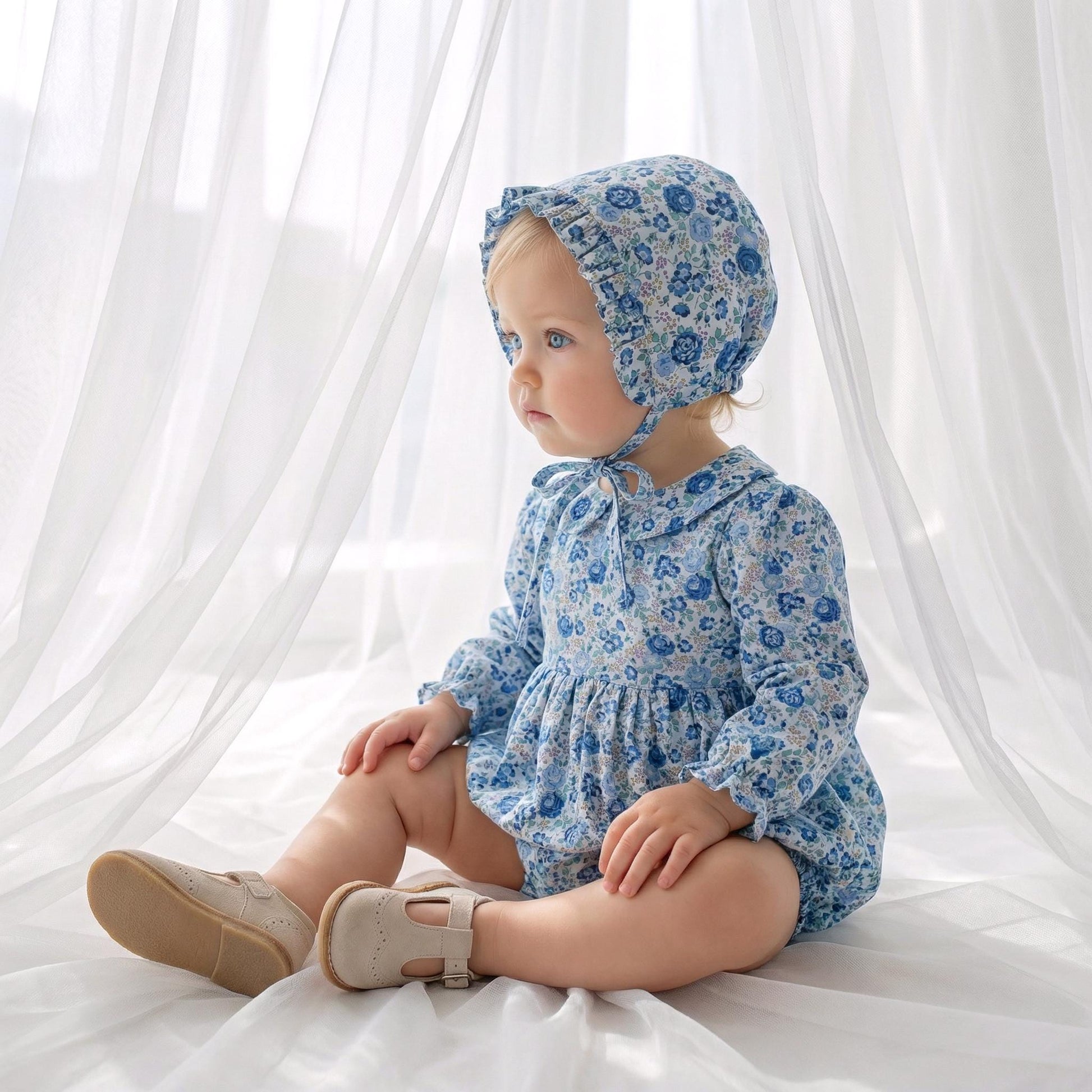 Liberty London Bubble Romper Bonnet, Christening Baptism Outfit, Special Occasion Handmade Children-wear, Heirloom Playsuit