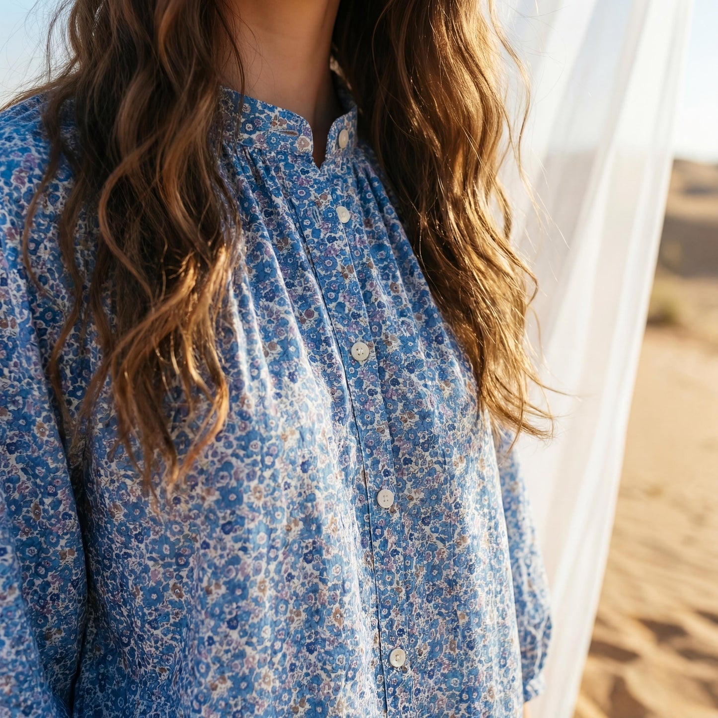 Liberty London Mandarin Collared Button-Up Blouse, Peasant Gathered Botanical Chemise, Handcrafted Womenswear, Sustainable Clothing