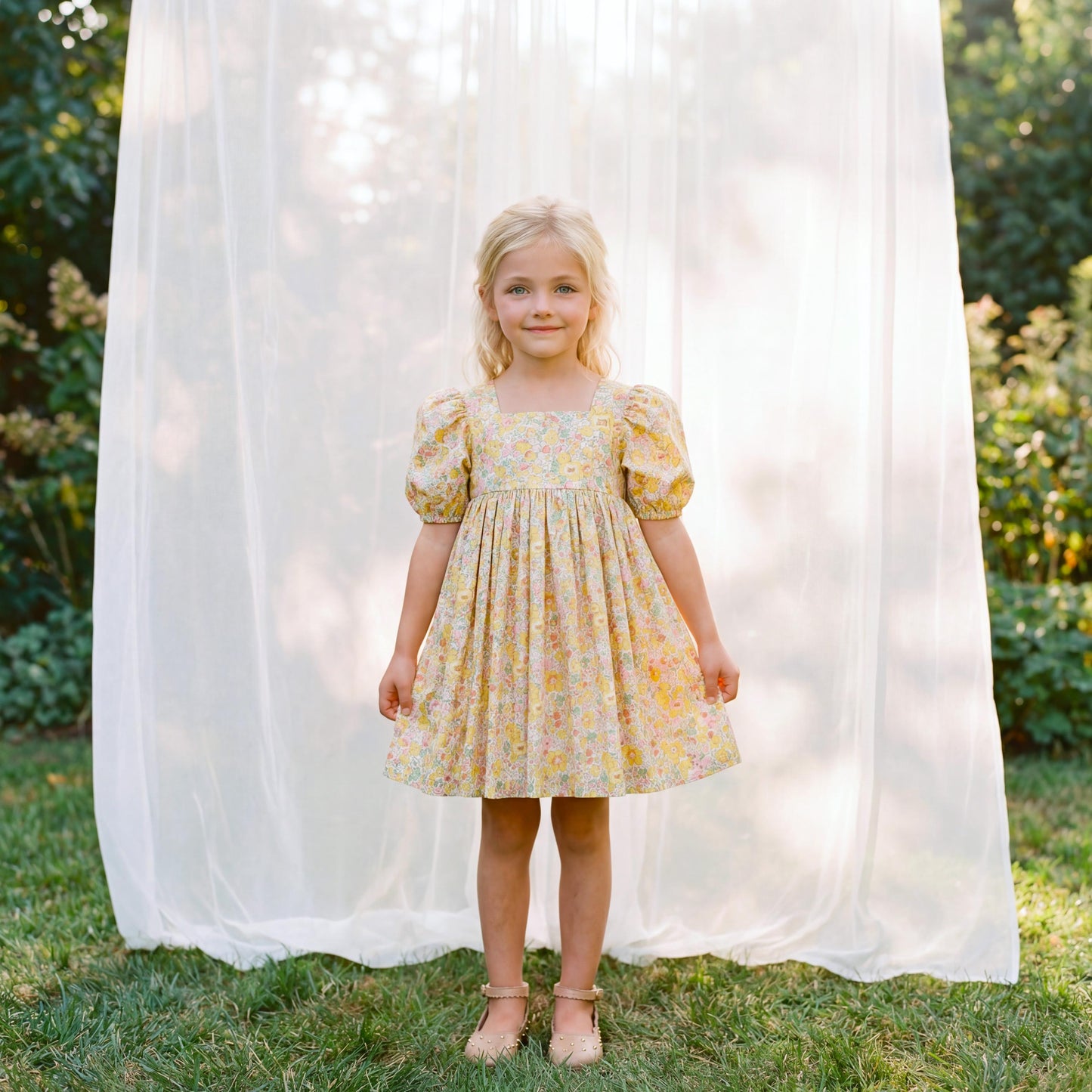 Liberty London Puffed Square Neck Short Sleeves Sun Dress, Handmade Children-wear, Sustainable Cotton Clothing