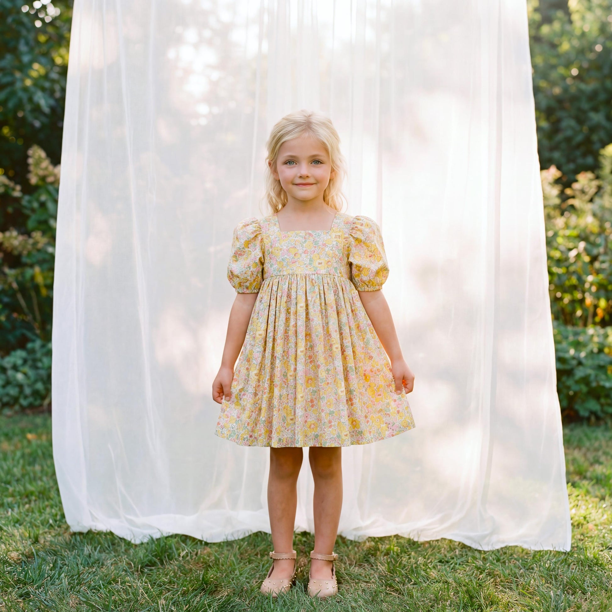 Liberty London Puffed Square Neck Short Sleeves Sun Dress, Handmade Children-wear, Sustainable Cotton Clothing