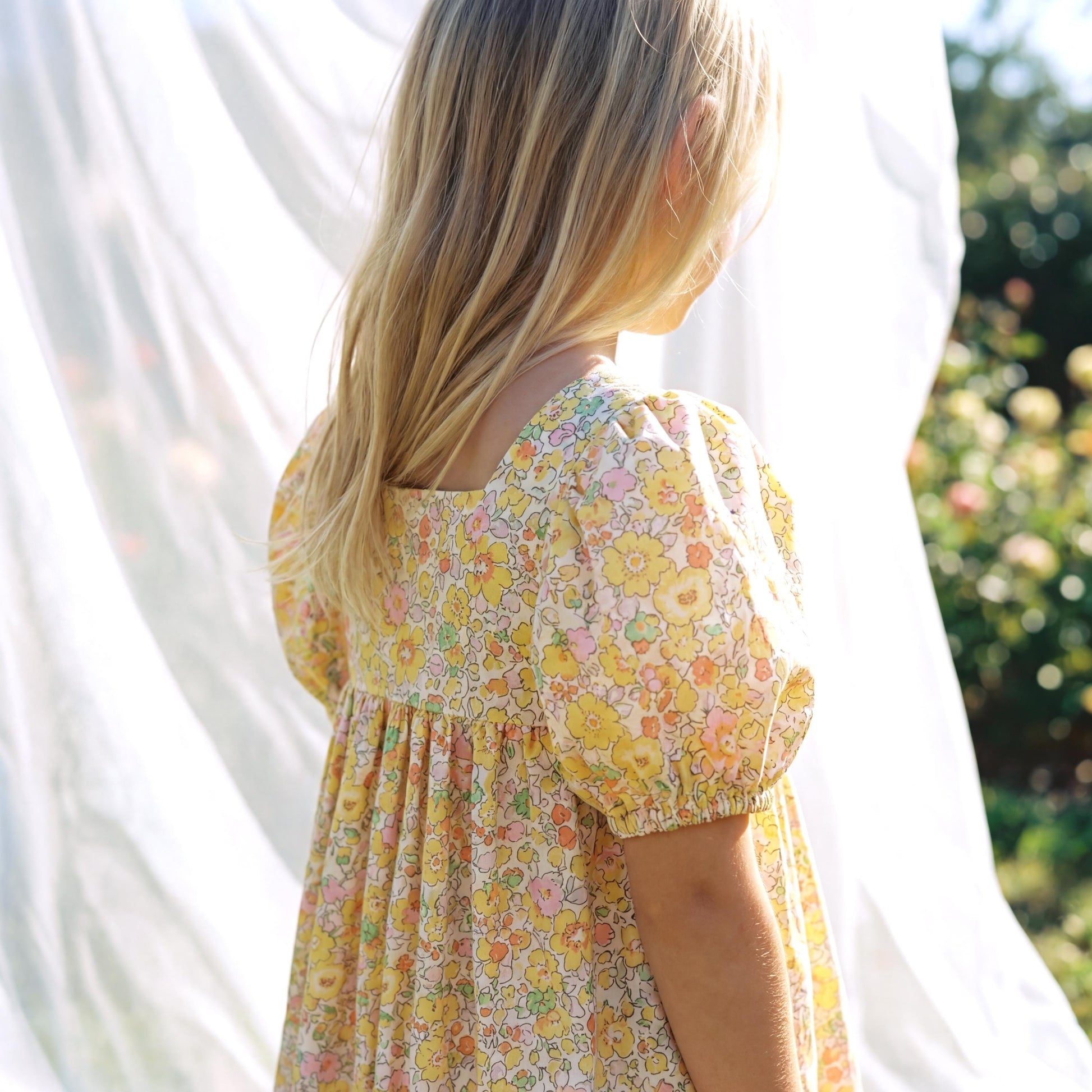 Liberty London Puffed Square Neck Short Sleeves Sun Dress, Handmade Children-wear, Sustainable Cotton Clothing