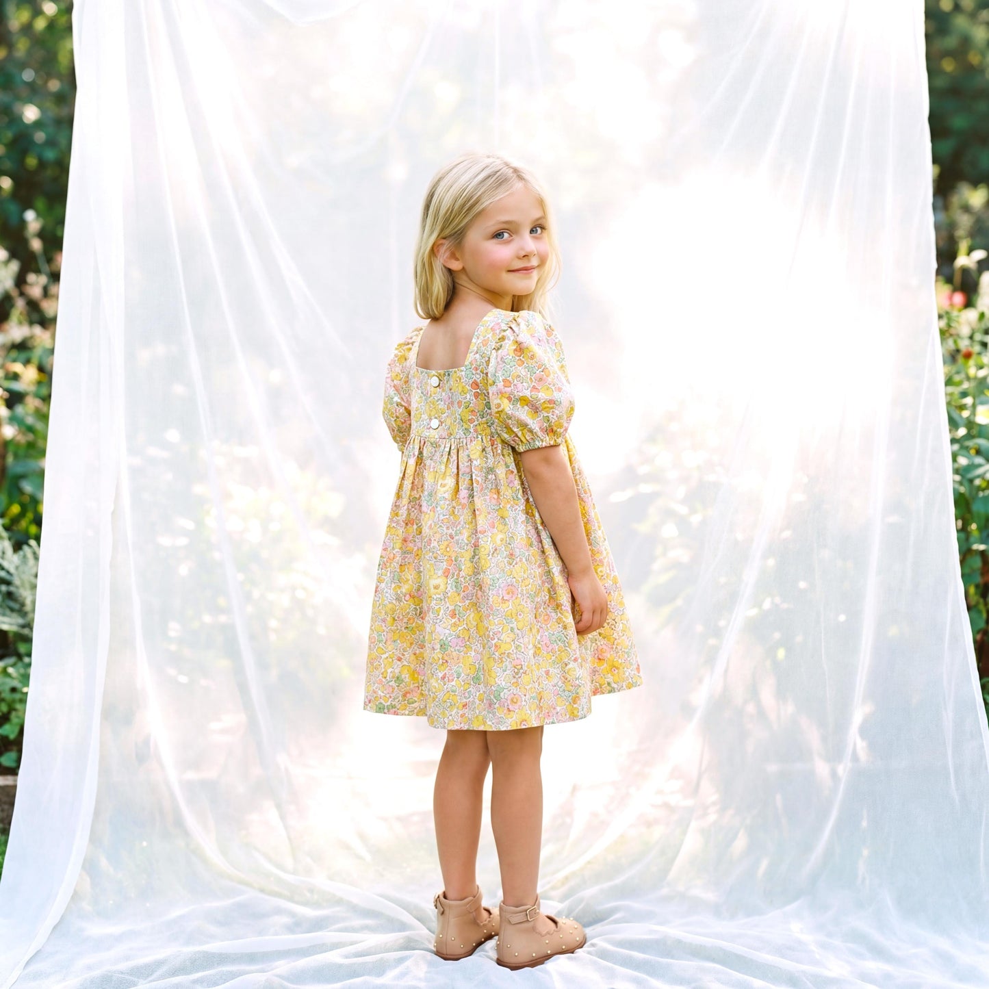 Liberty London Puffed Square Neck Short Sleeves Sun Dress, Handmade Children-wear, Sustainable Cotton Clothing