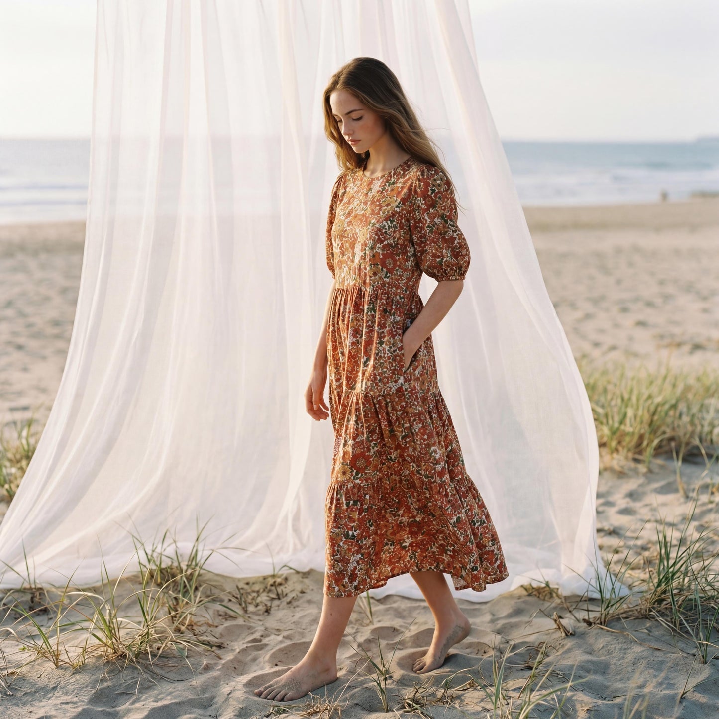 Liberty London Puffed Short Sleeves Tiered Sundress, Handmade Sustainable Womenswear, Botanical Personalised Cotton Clothing
