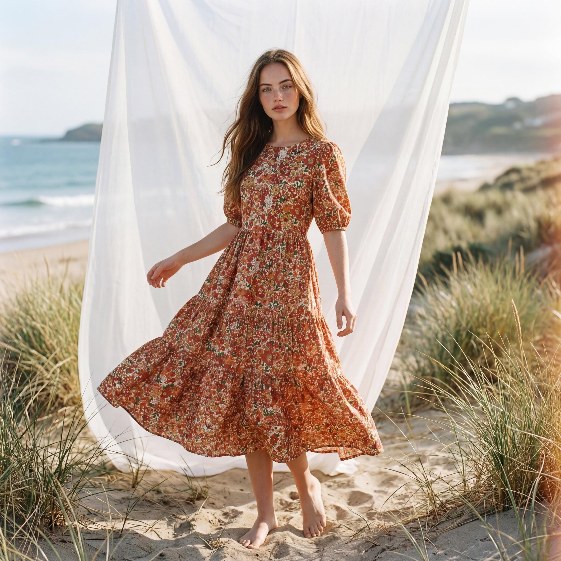 Liberty London Puffed Short Sleeves Tiered Sundress, Handmade Sustainable Womenswear, Botanical Personalised Cotton Clothing