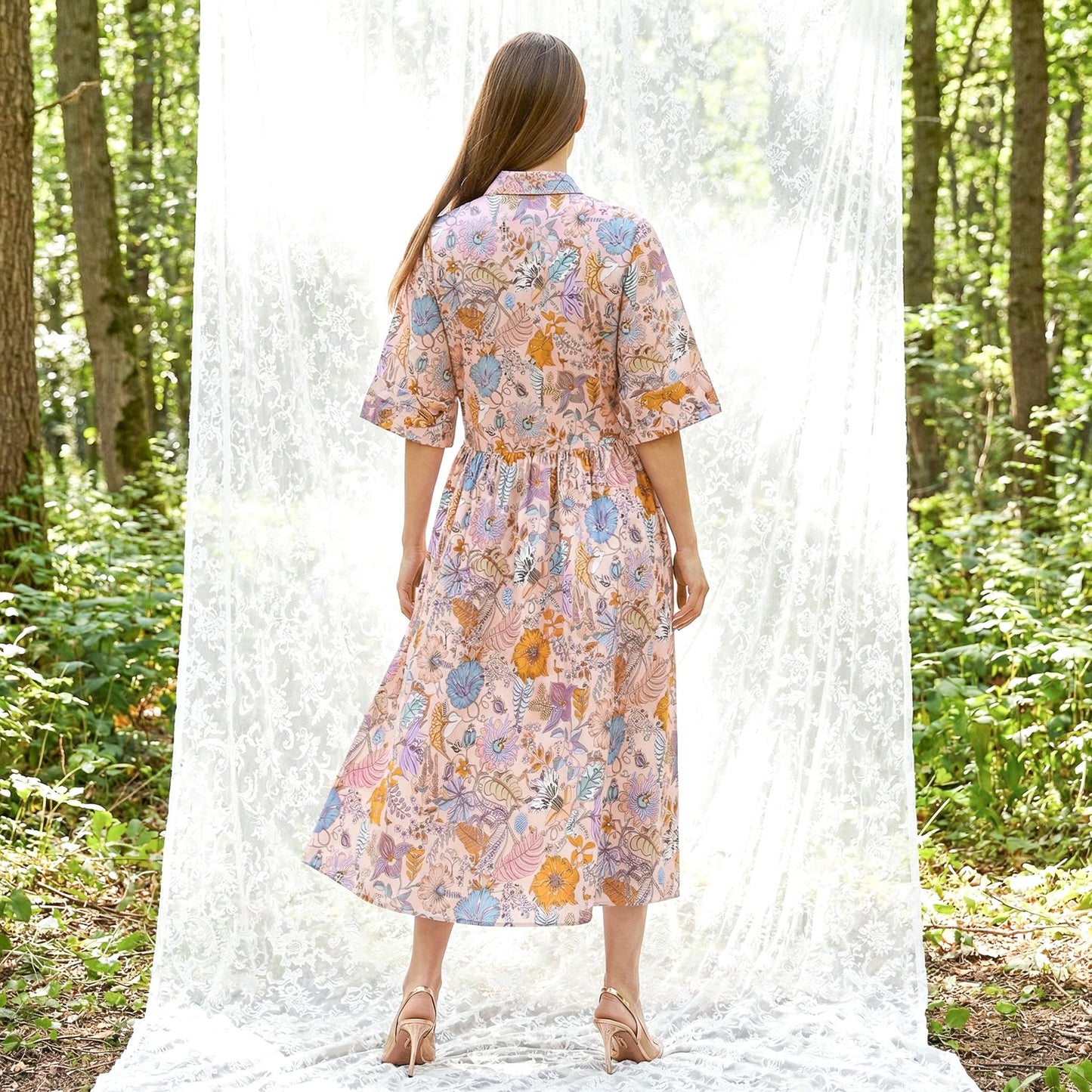 Oversize Liberty Shirt Dress Kimono 3/4 Sleeve: Midi Cotton Ditsy Dress, Botanical Floral Print