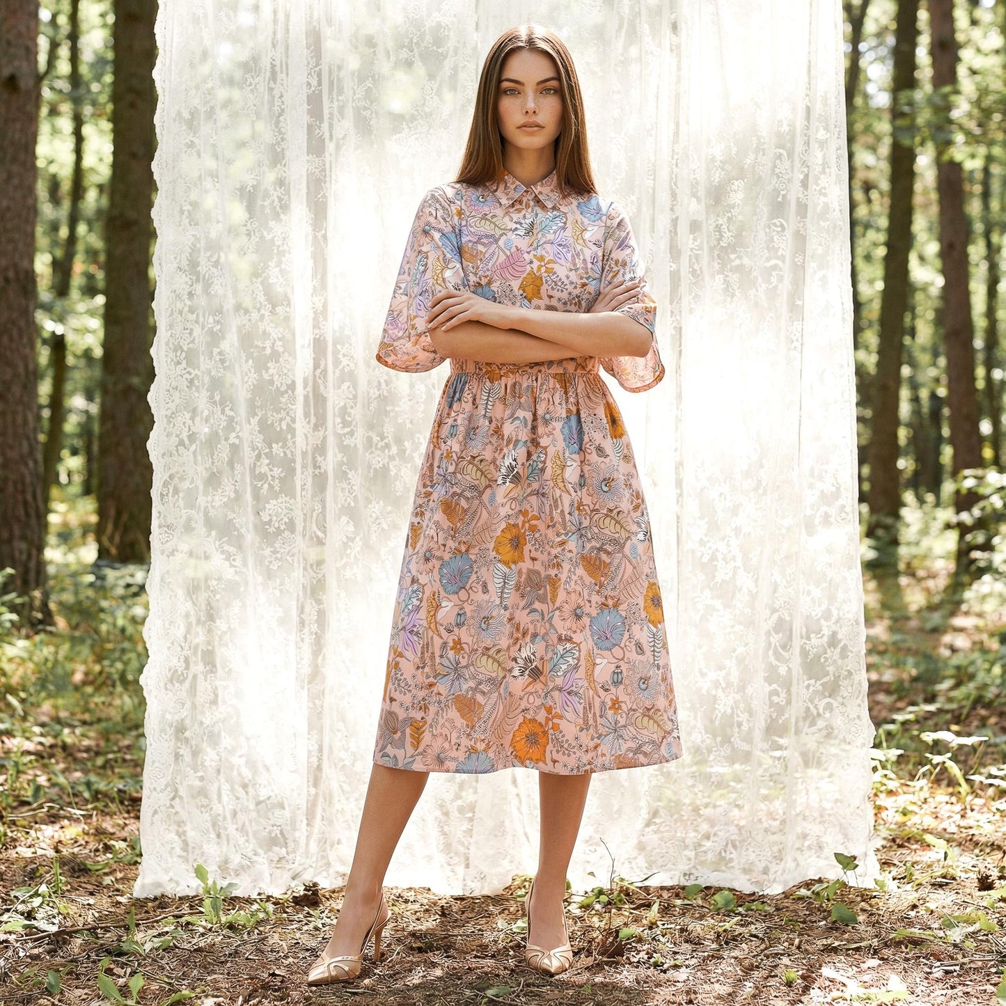 Oversize Liberty Shirt Dress Kimono 3/4 Sleeve: Midi Cotton Ditsy Dress, Botanical Floral Print