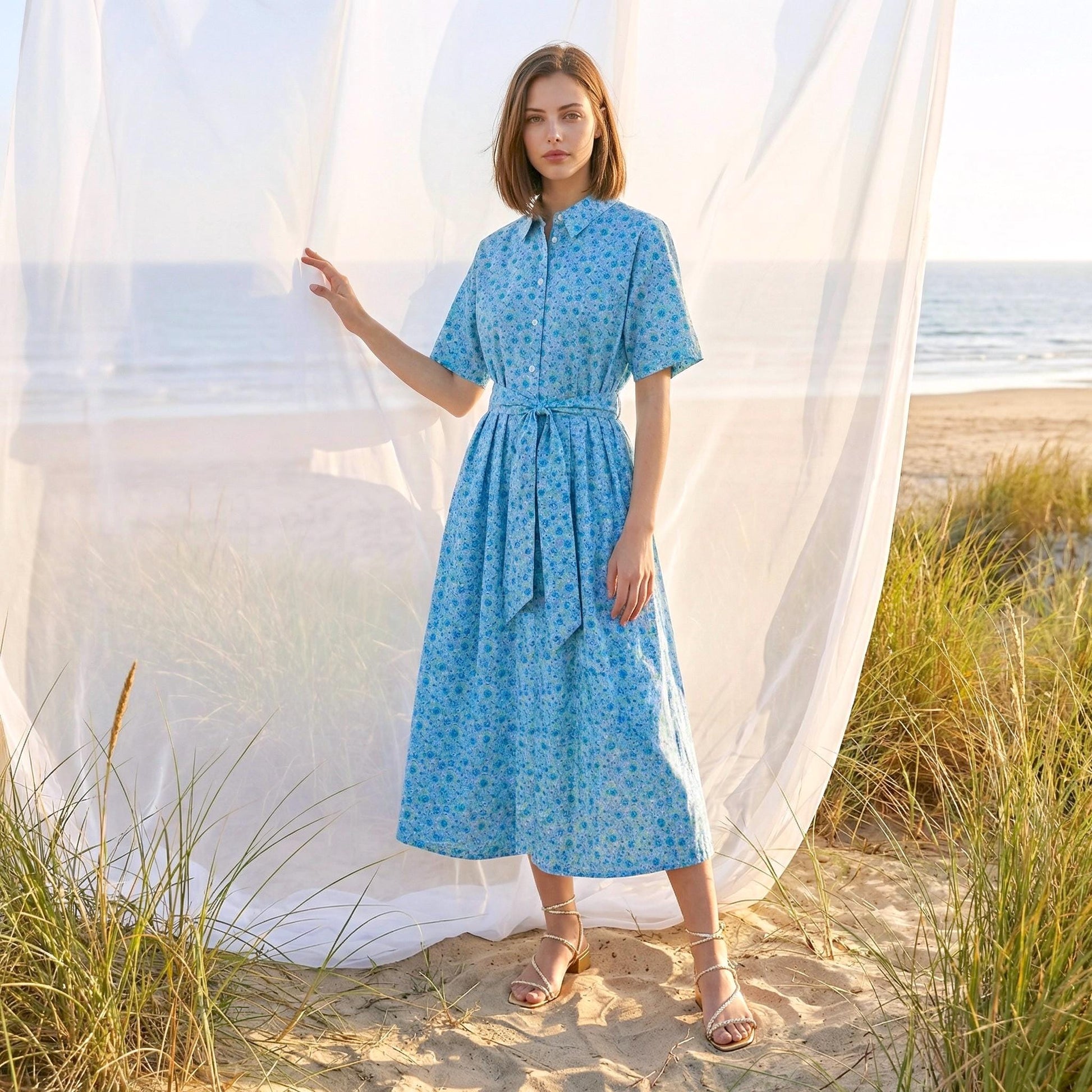 Liberty London Short Sleeves Midi Shirtdress, Handcrafted Womenswear, Sustainable Cotton Clothing, Personalised Versatile Outfits