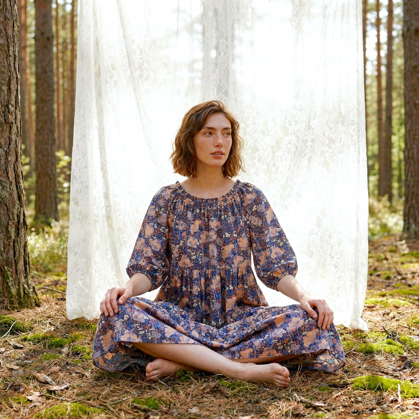 Liberty London Smock Three-quarter Bishop Sleeves Boho Dress, Handmade Personalised Botanical Clothing, Sustainable Womenswear