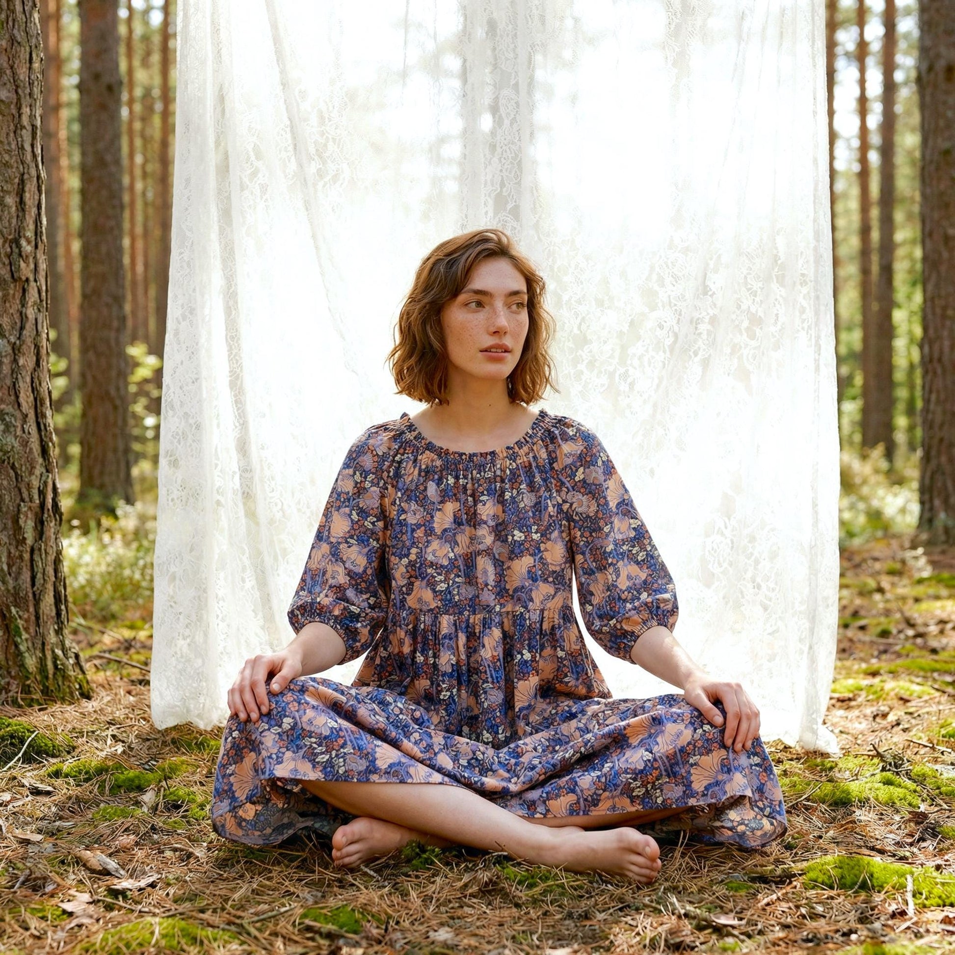 Liberty London Smock Three-quarter Bishop Sleeves Boho Dress, Handmade Personalised Botanical Clothing, Sustainable Womenswear