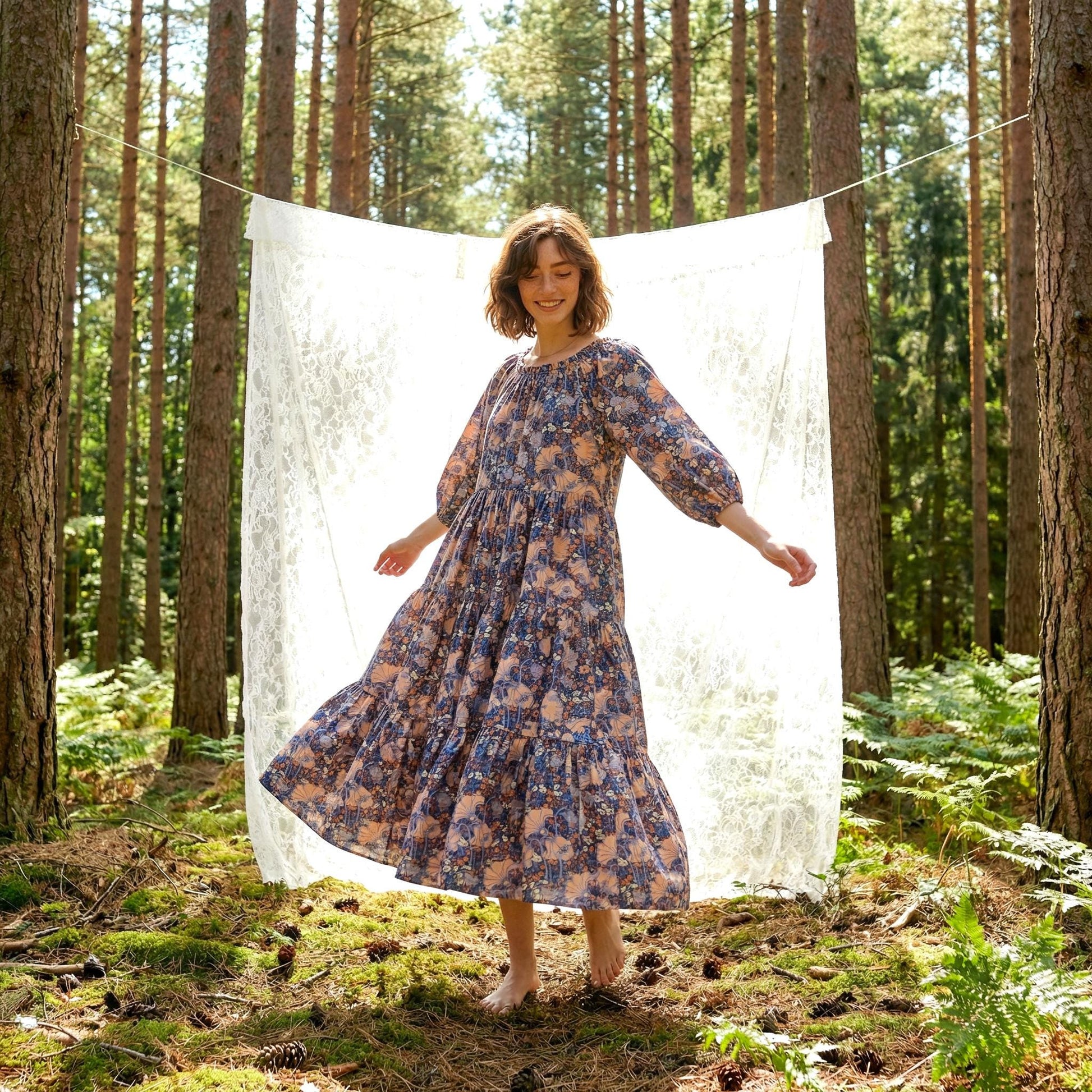 Liberty London Smock Three-quarter Bishop Sleeves Boho Dress, Handmade Personalised Botanical Clothing, Sustainable Womenswear