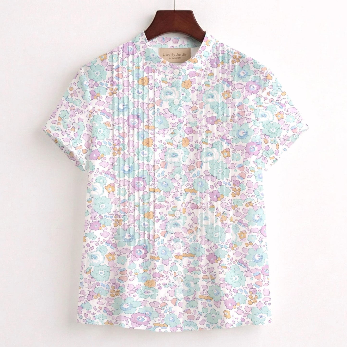 Liberty London Mandarin Collared Pin-tuck Short-sleeved Top, Button-up Blouse, Handcrafted Personalised Shirt, Tailoring Chemise