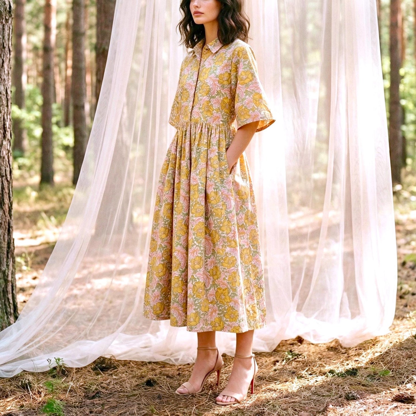 Liberty London Collared Kimono Sleeves Shirtdress, Handmade Botanical Womenswear, Sustainable Slow-fashioned Clothing, Personalised Dress