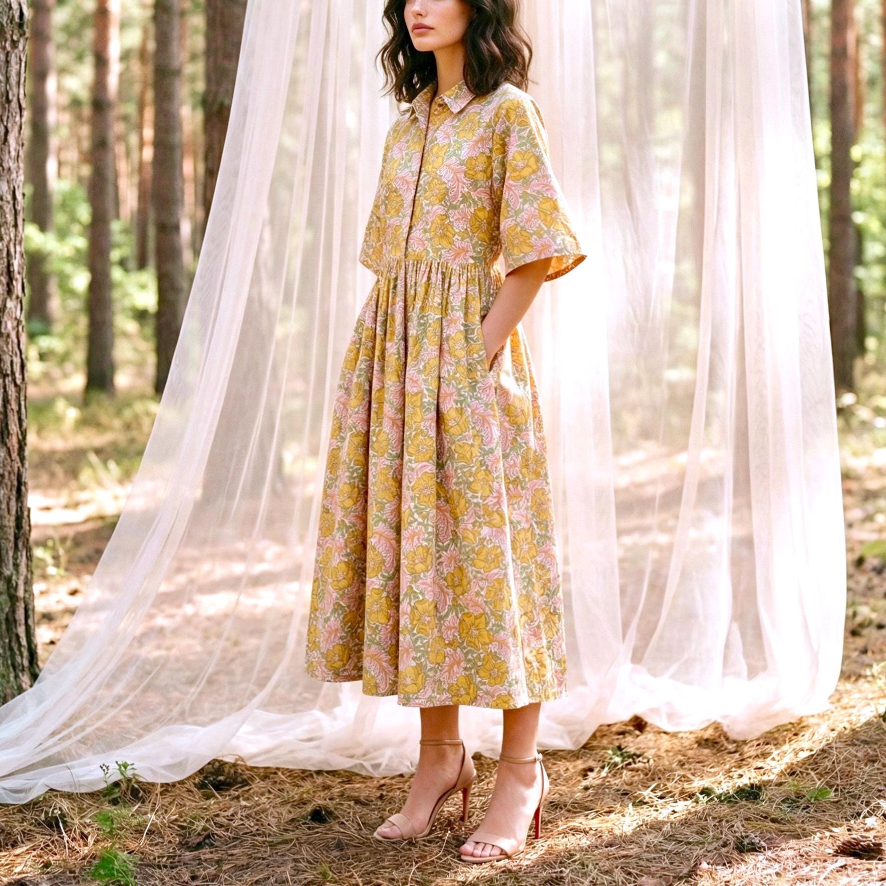 Liberty London Collared Kimono Sleeves Shirtdress, Handmade Botanical Womenswear, Sustainable Slow-fashioned Clothing, Personalised Dress