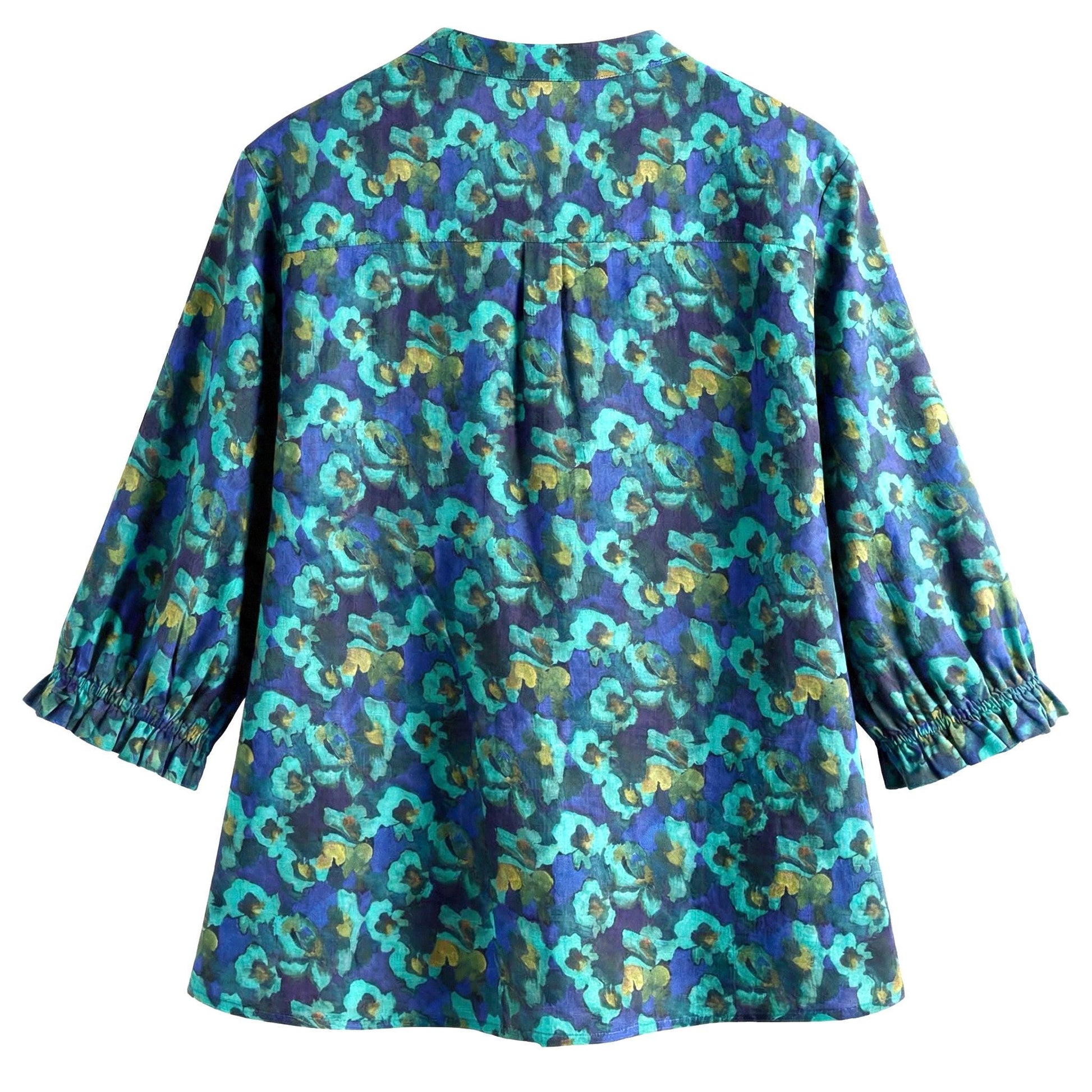 Liberty London Three-Quarter Mandarin Collared Button-up Blouse, Personalised Shirt, Handmade Botanical Womenswear, Peasant Top