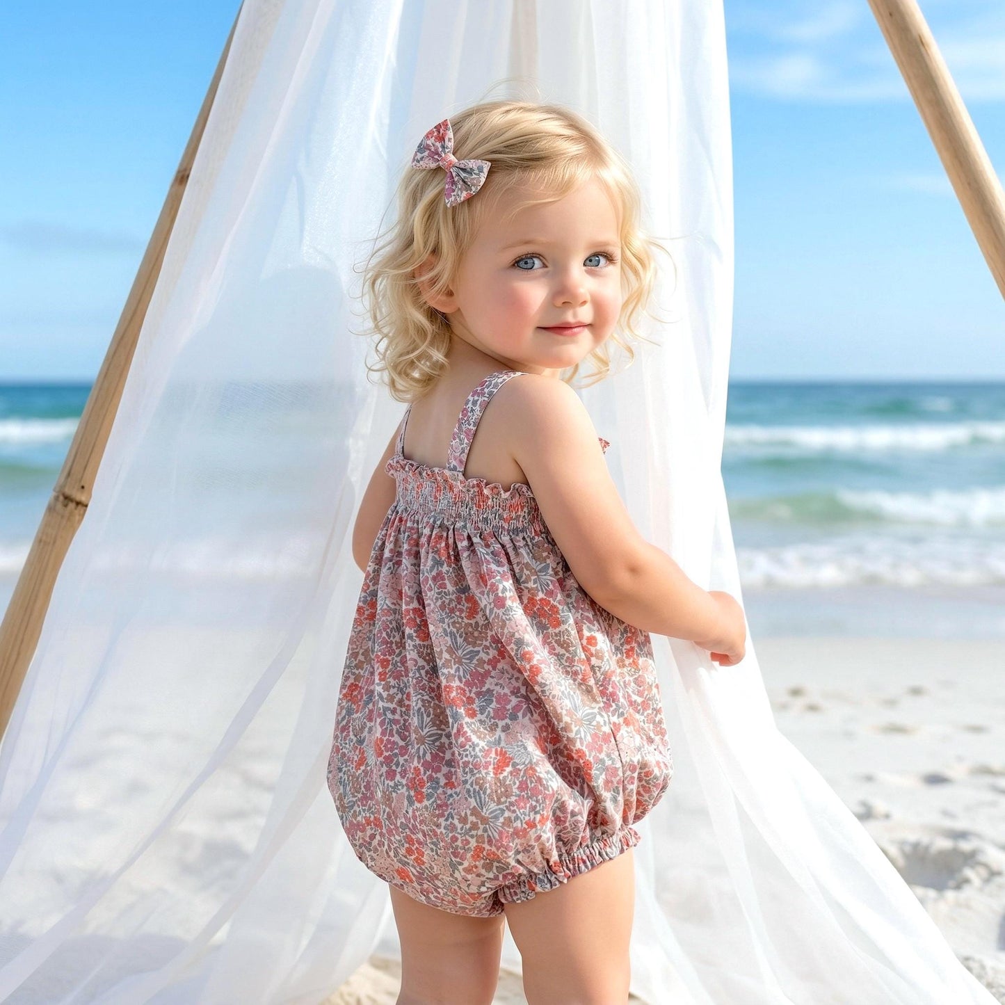 Liberty London Smock Bubble Sleeveless Romper, Handmade Personalised Cotton Children Clothing, Sustainable Tailoring Sunsuit