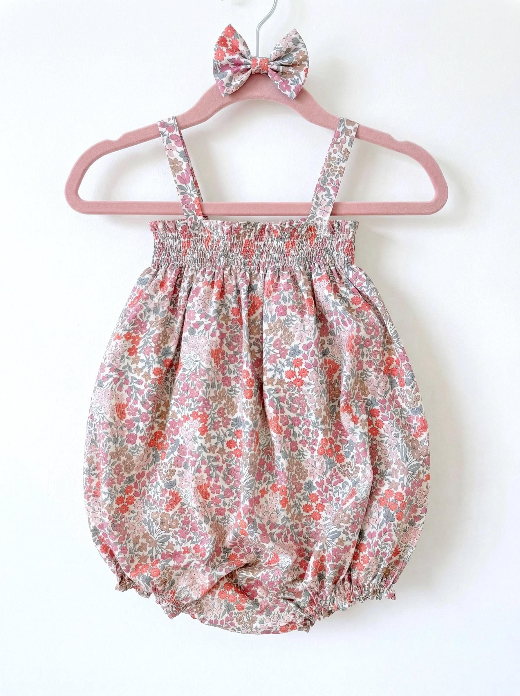 Liberty London Smock Bubble Sleeveless Romper, Handmade Personalised Cotton Children Clothing, Sustainable Tailoring Sunsuit