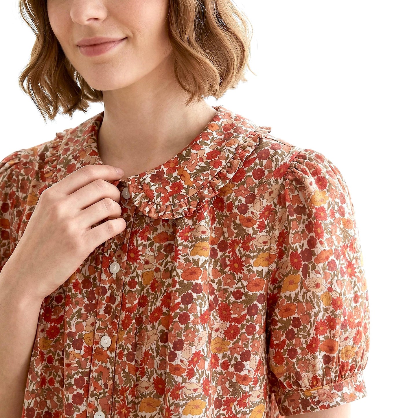 Liberty London Frilled Peter-Pan Collared Handmade Blouse, Button-up Puffed-Sleeves Chemise, Sustainable Tailoring Versatile Shirt