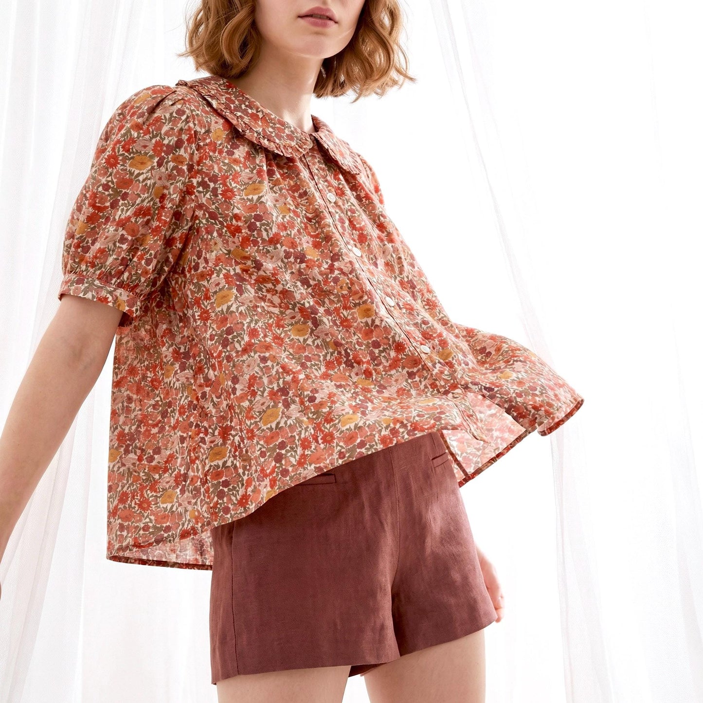 Liberty London Frilled Peter-Pan Collared Handmade Blouse, Button-up Puffed-Sleeves Chemise, Sustainable Tailoring Versatile Shirt
