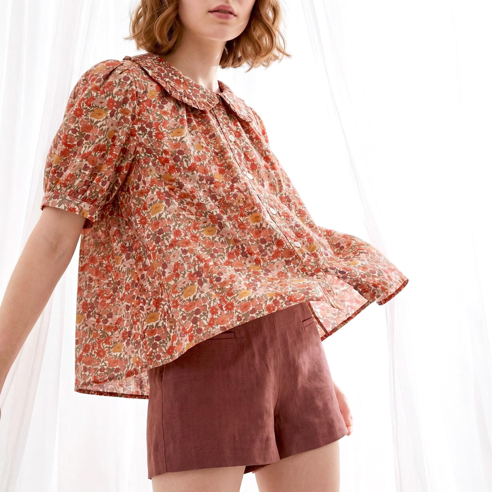 Liberty London Frilled Peter-Pan Collared Handmade Blouse, Button-up Puffed-Sleeves Chemise, Sustainable Tailoring Versatile Shirt