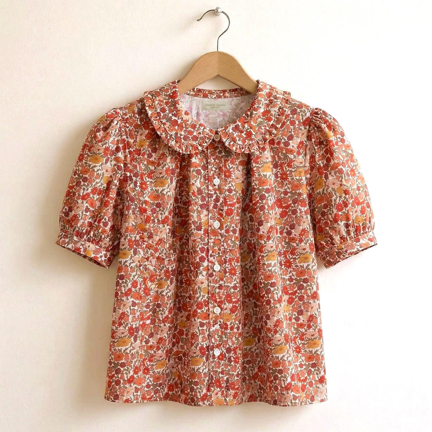 Liberty London Frilled Peter-Pan Collared Handmade Blouse, Button-up Puffed-Sleeves Chemise, Sustainable Tailoring Versatile Shirt