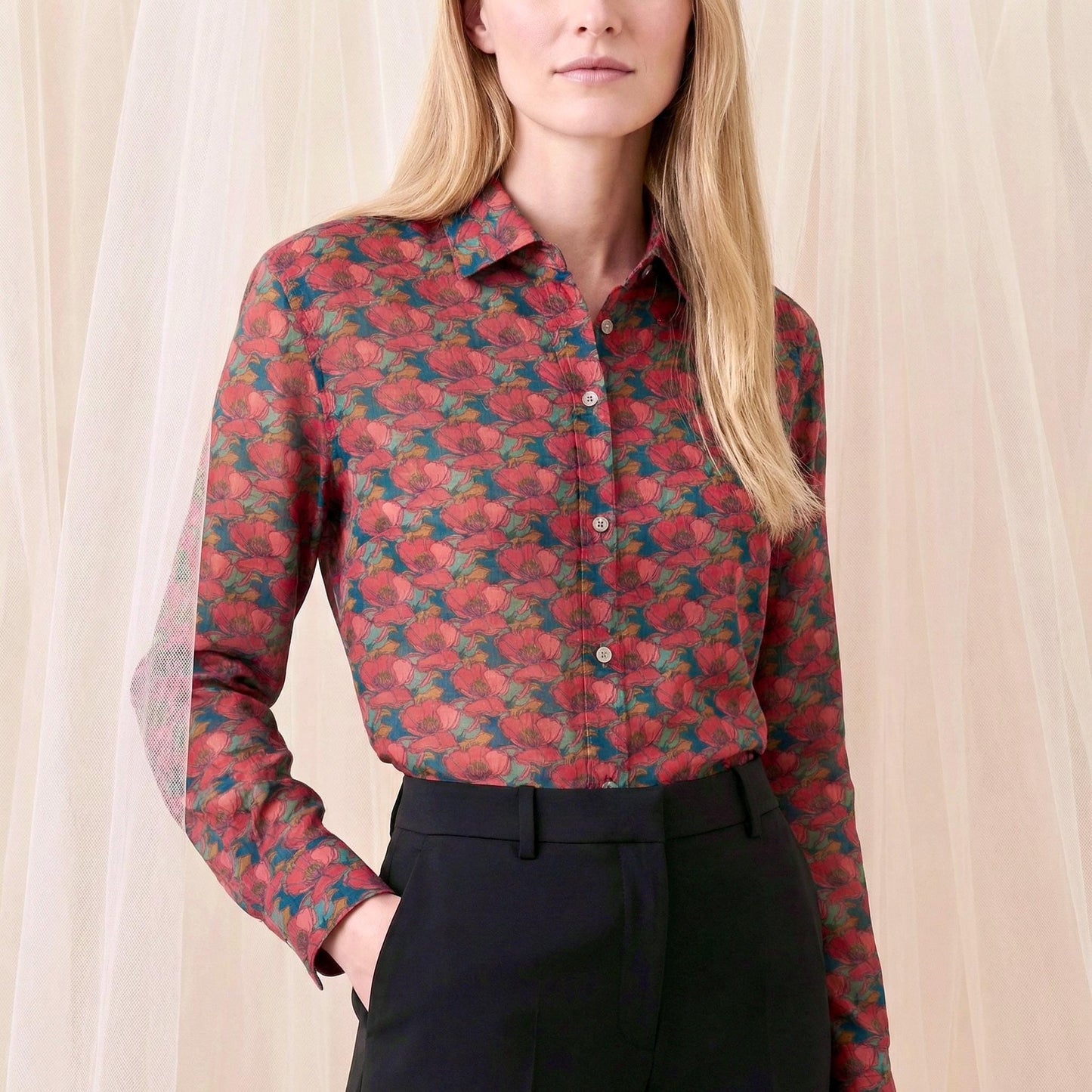 Liberty London Button-up Long-sleeved Dress Shirt, Handmade Botanical Clothing, Sustainable Cotton Womenswear, Tailoring Blouse