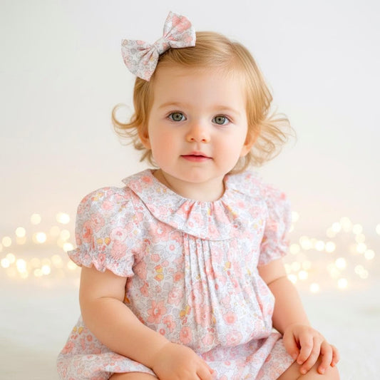 Liberty London Heirloom Children-wear, Pierrot Ruffle Collared Short-Sleeved Bubble Romper, Handmade Sustainable Ethical Clothing