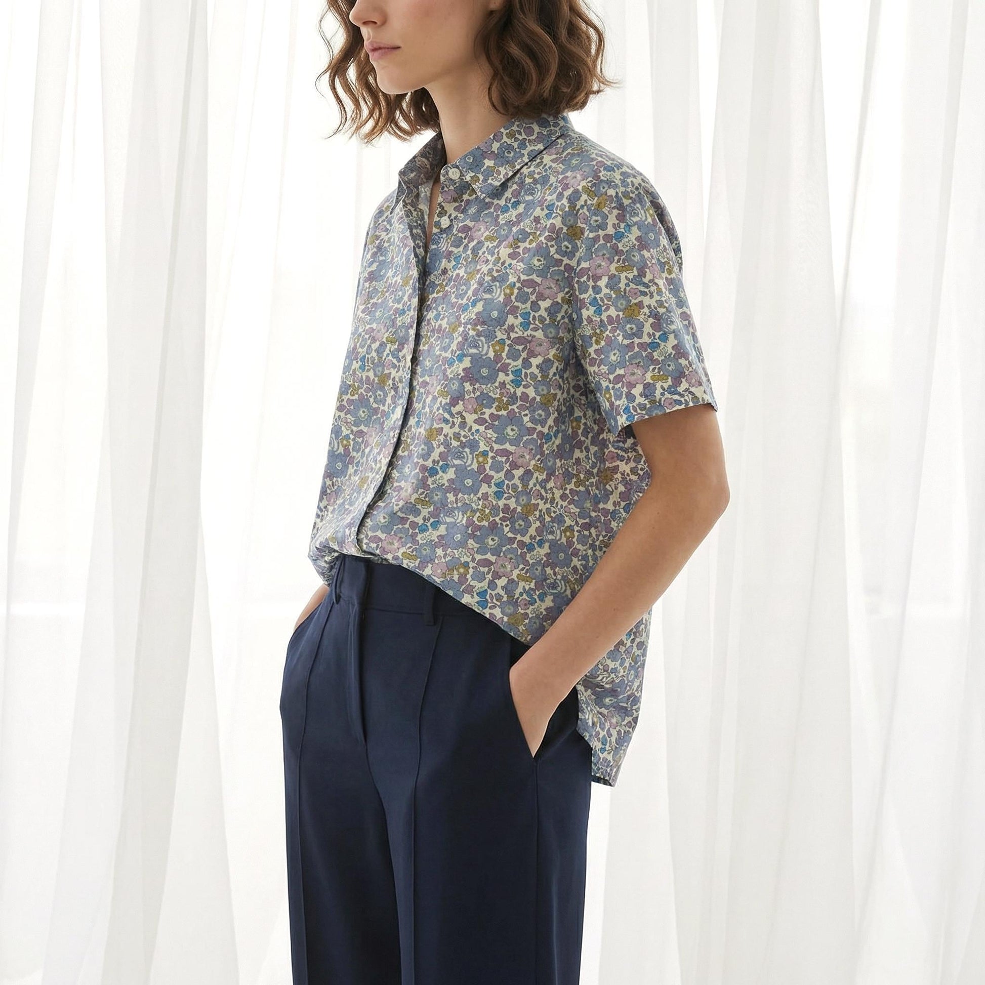 Liberty London Classic Short Sleeves Button-up Shirt, Tailoring Botanical Chemise, Versatile Sustainable Personalised Womenswear