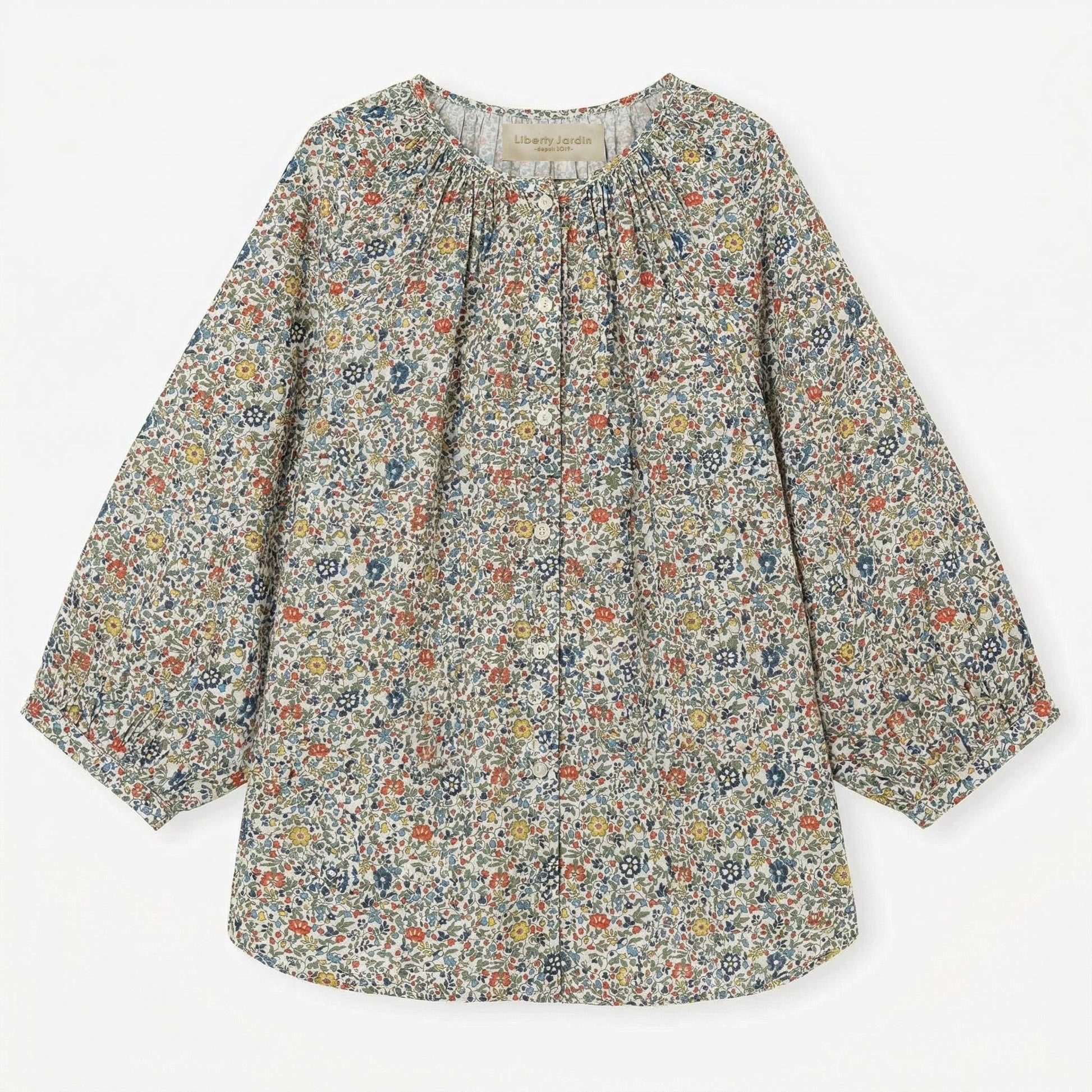 Liberty London Gathered Blouse, Three-quarter Bishop Sleeves Shirt, Handcrafted Tailoring Clothing, Button-up Botanical Chemise