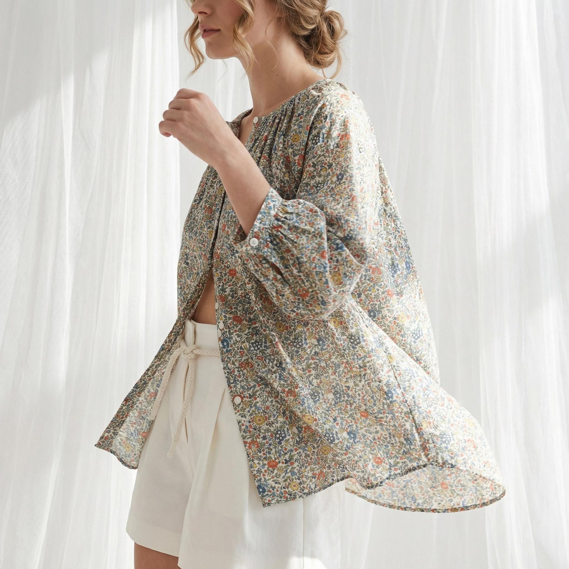Liberty London Gathered Blouse, Three-quarter Bishop Sleeves Shirt, Handcrafted Tailoring Clothing, Button-up Botanical Chemise