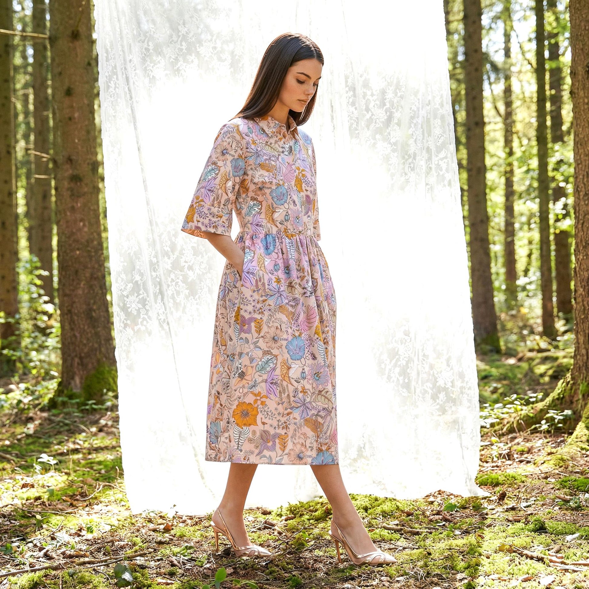 Oversize Liberty Shirt Dress Kimono 3/4 Sleeve: Midi Cotton Ditsy Dress, Botanical Floral Print
