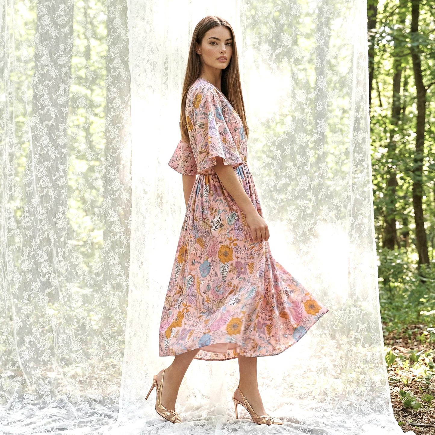 Oversize Liberty Shirt Dress Kimono 3/4 Sleeve: Midi Cotton Ditsy Dress, Botanical Floral Print