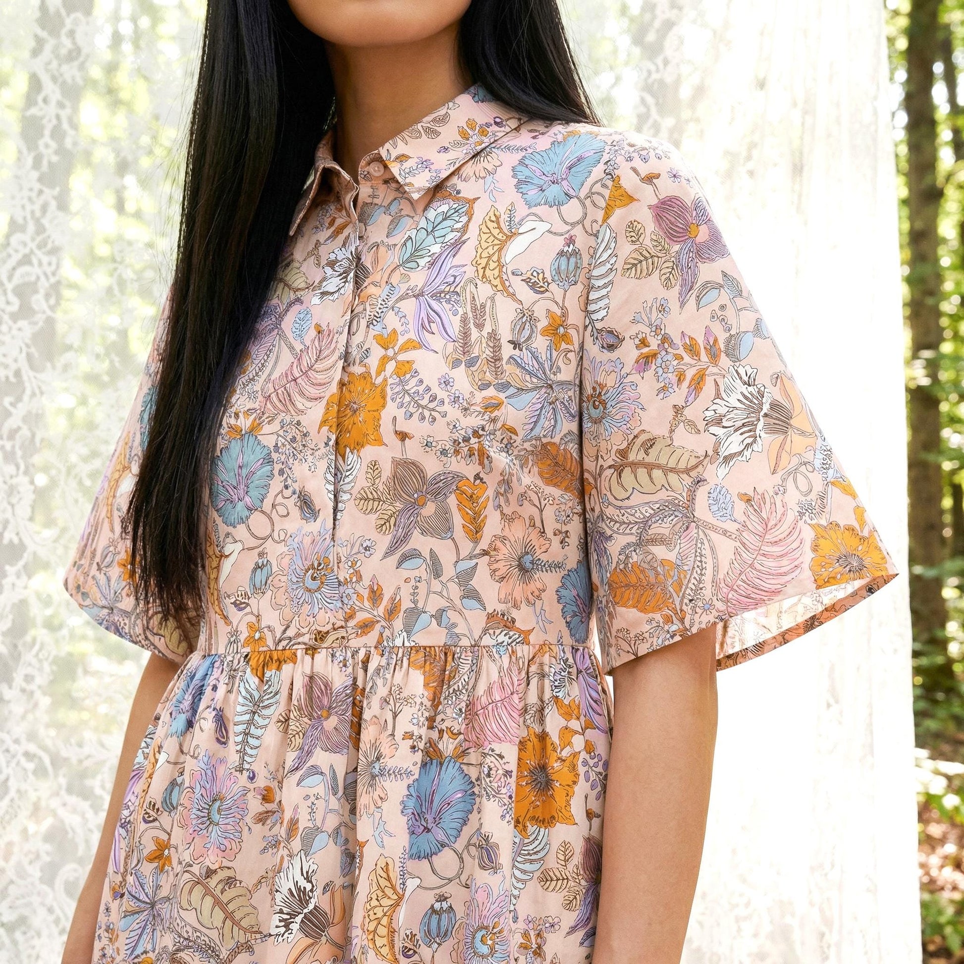 Oversize Liberty Shirt Dress Kimono 3/4 Sleeve: Midi Cotton Ditsy Dress, Botanical Floral Print