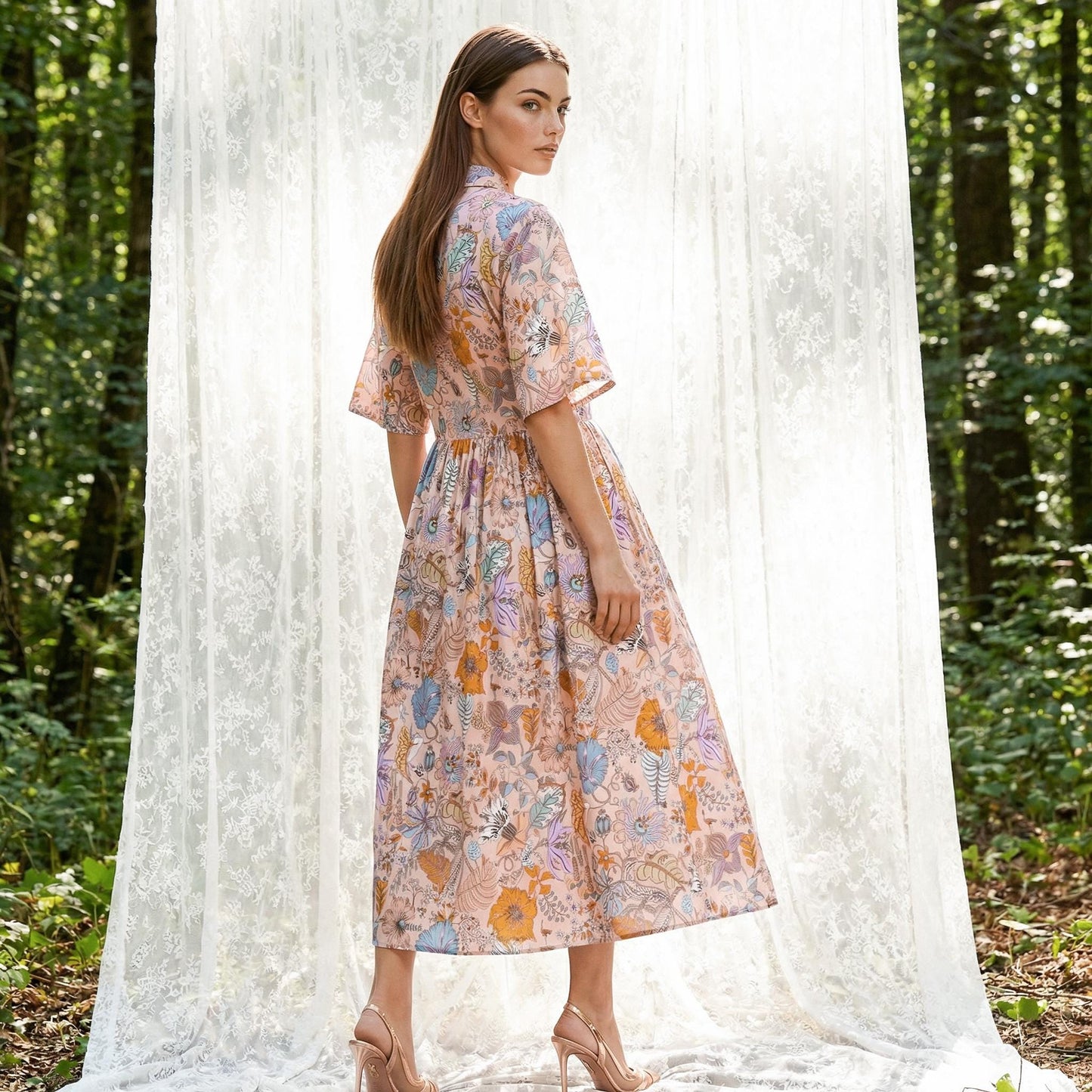 Oversize Liberty Shirt Dress Kimono 3/4 Sleeve: Midi Cotton Ditsy Dress, Botanical Floral Print