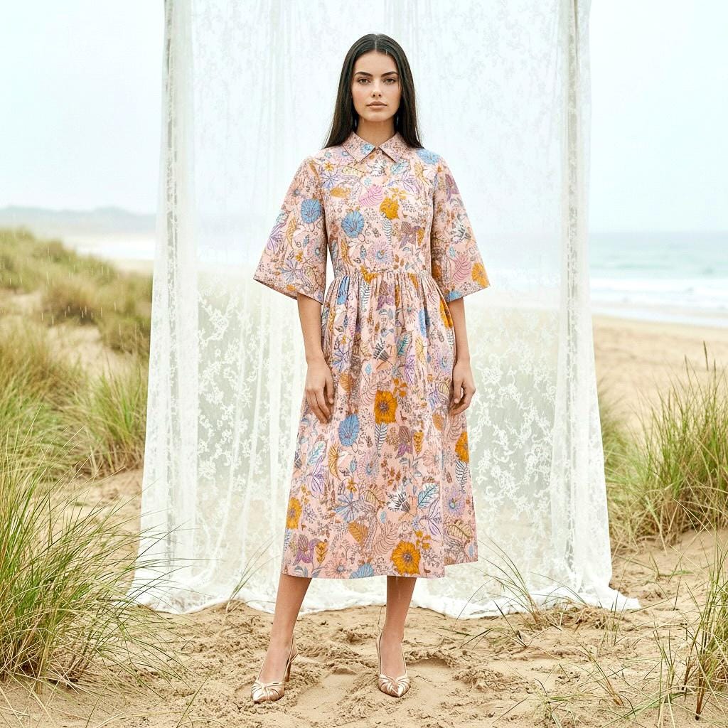 Oversize Liberty Shirt Dress Kimono 3/4 Sleeve: Midi Cotton Ditsy Dress, Botanical Floral Print