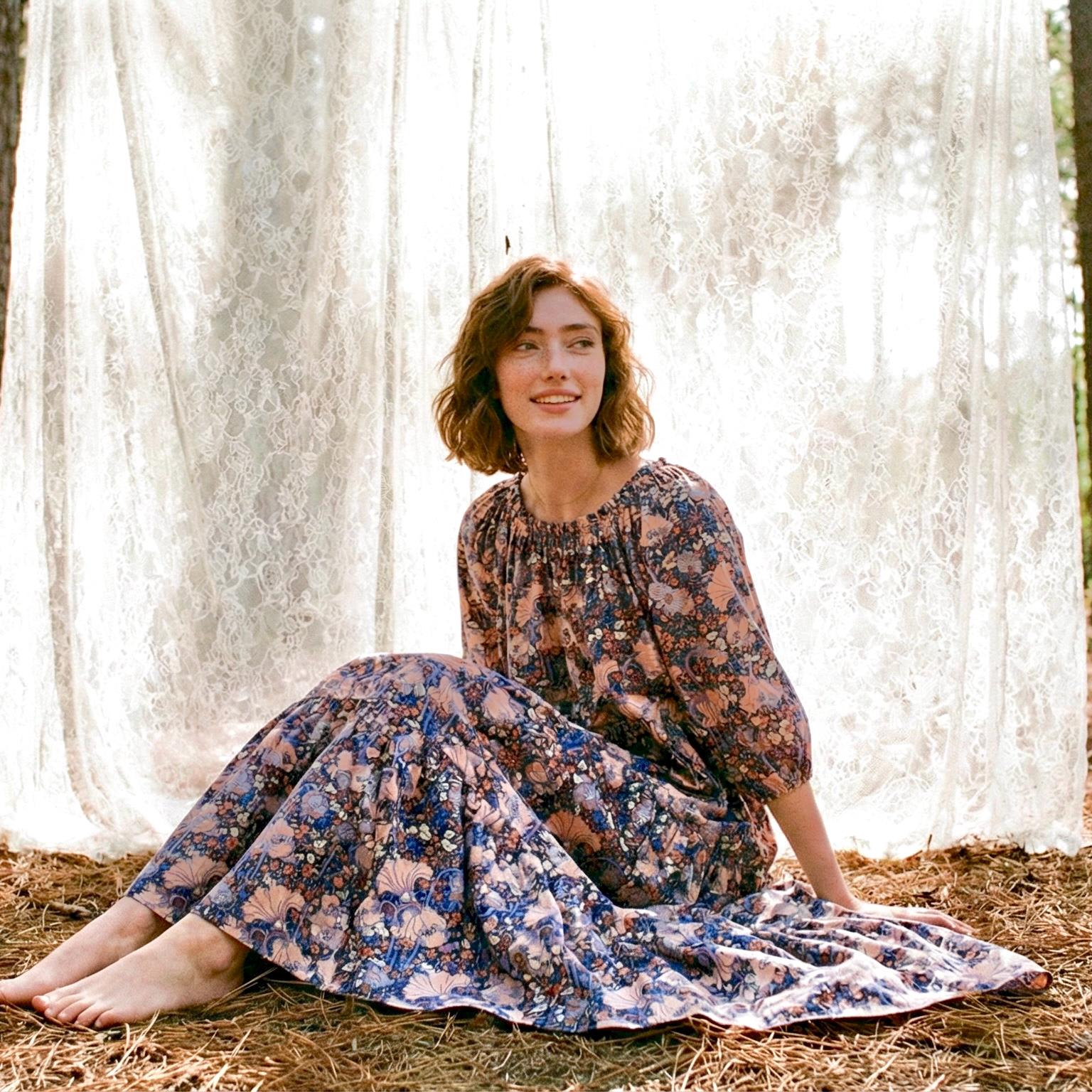 Liberty London Smock Three-quarter Bishop Sleeves Boho Dress, Handmade Personalised Botanical Clothing, Sustainable Womenswear