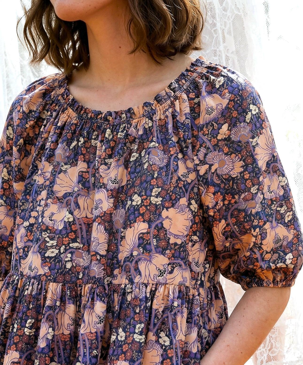 Liberty London Smock Three-quarter Bishop Sleeves Boho Dress, Handmade Personalised Botanical Clothing, Sustainable Womenswear