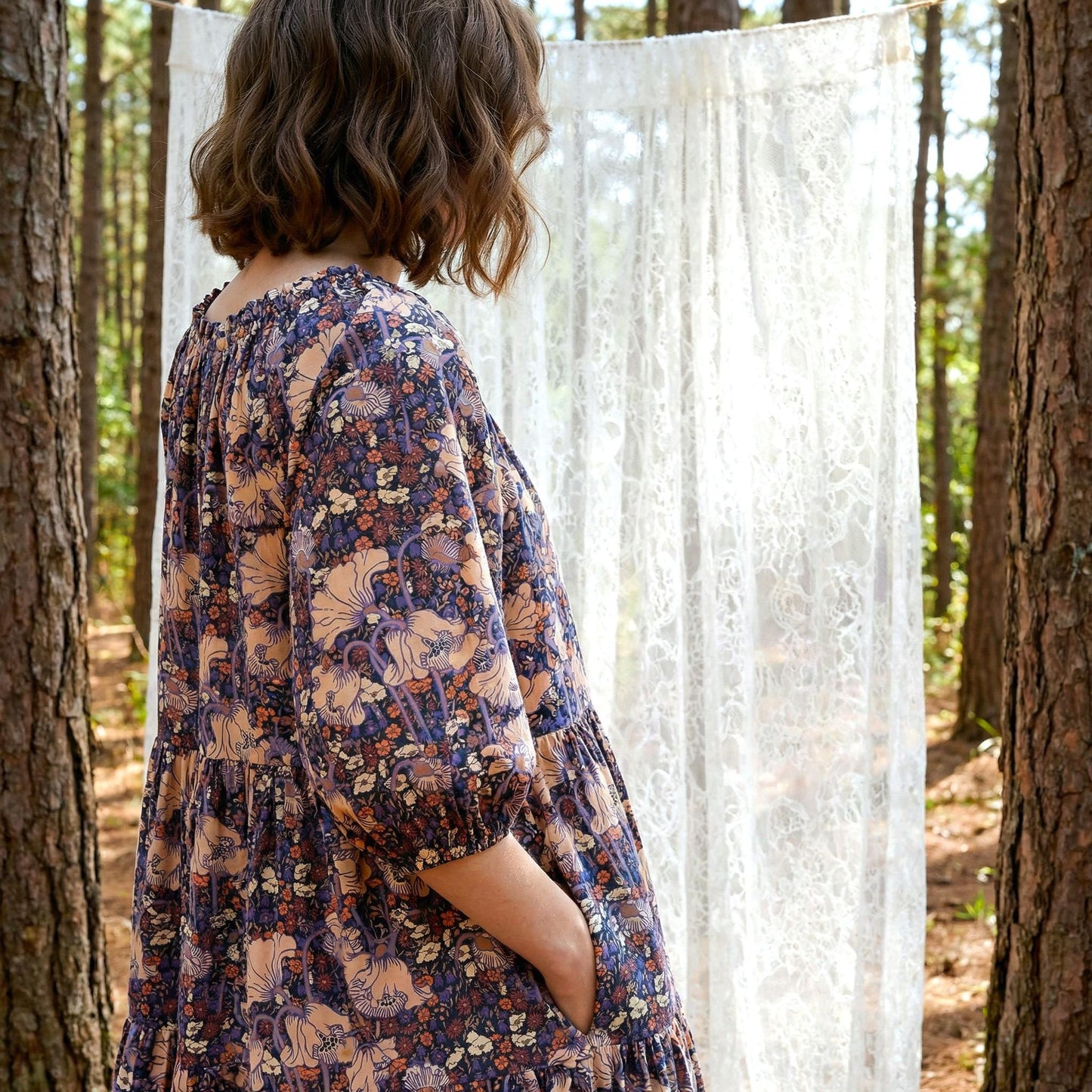 Liberty London Smock Three-quarter Bishop Sleeves Boho Dress, Handmade Personalised Botanical Clothing, Sustainable Womenswear