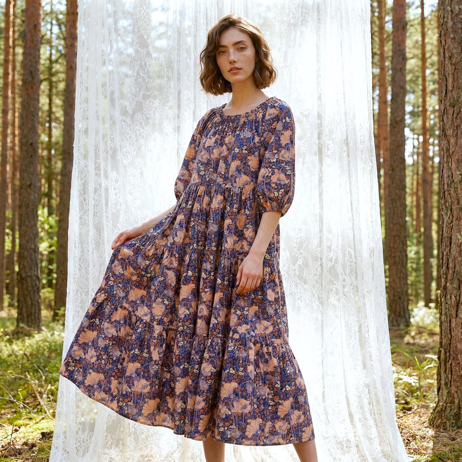 Liberty London Smock Three-quarter Bishop Sleeves Boho Dress, Handmade Personalised Botanical Clothing, Sustainable Womenswear
