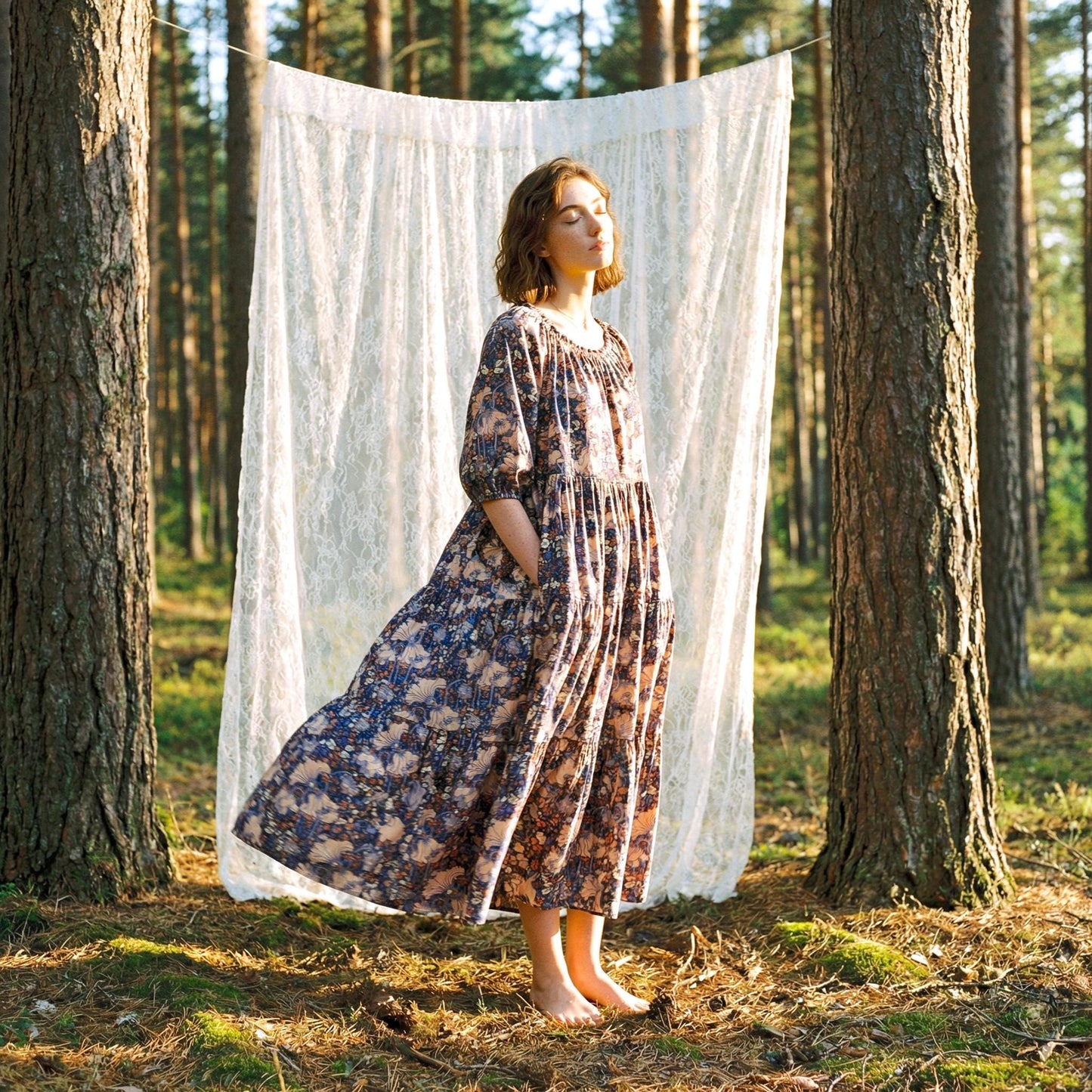 Liberty London Smock Three-quarter Bishop Sleeves Boho Dress, Handmade Personalised Botanical Clothing, Sustainable Womenswear