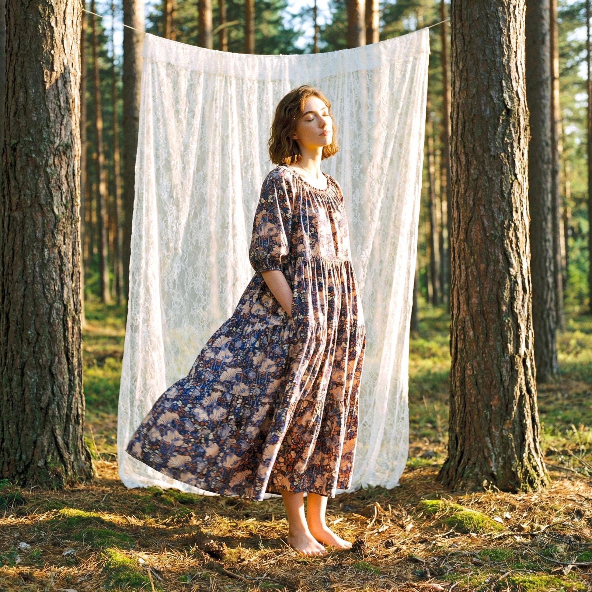 Liberty London Smock Three-quarter Bishop Sleeves Boho Dress, Handmade Personalised Botanical Clothing, Sustainable Womenswear