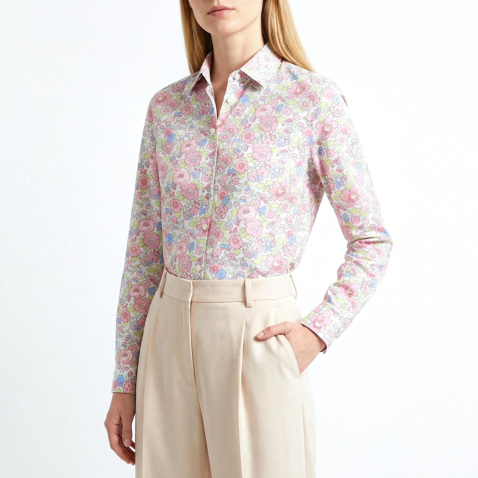 Liberty London Button-Up Long-sleeved Dress Shirt, Botanical Handmade Cotton Clothing, Sustainable Womenswear, Versatile Chemise