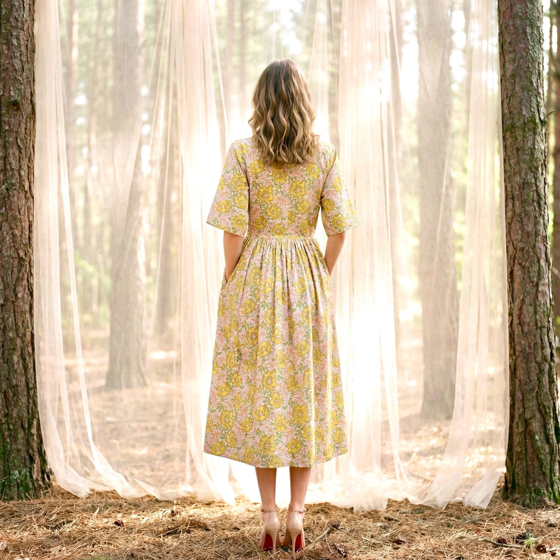 Liberty London Collared Kimono Sleeves Shirtdress, Handmade Botanical Womenswear, Sustainable Slow-fashioned Clothing, Personalised Dress