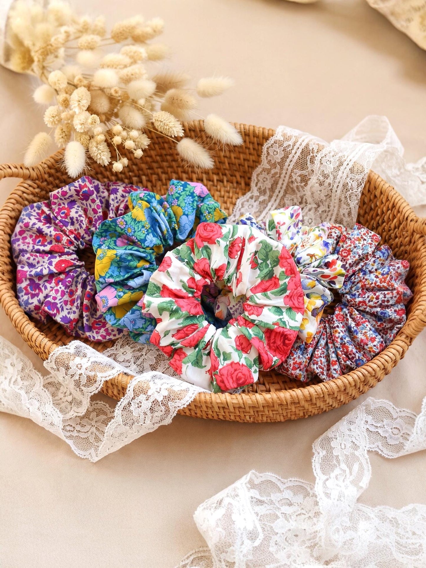 Liberty London Handmade Scrunchies, Personalised Accessories, Versatile Botanical Boho-inspired Hair-ties, Sustainable Customised Hairbands